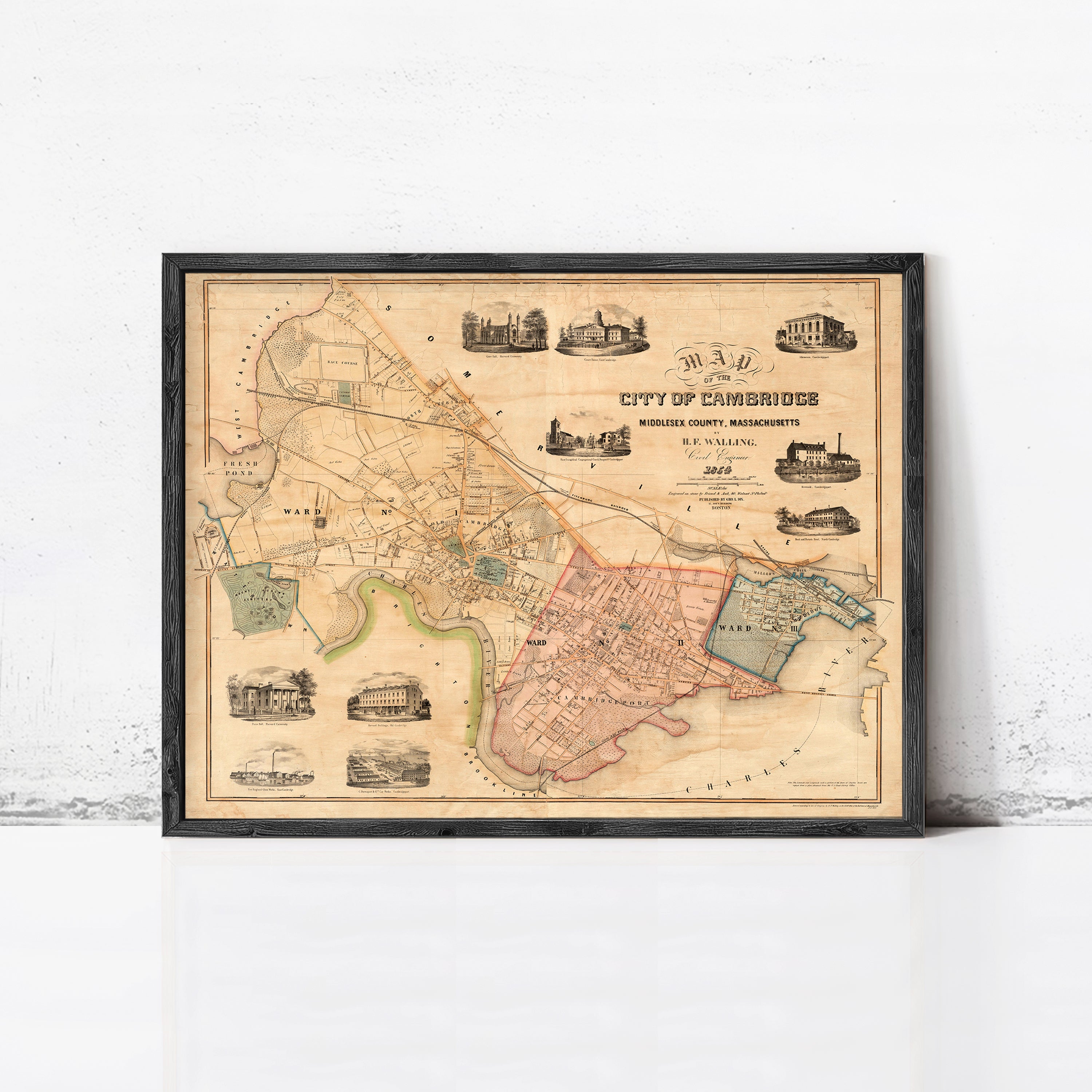 The image is a framed antique map of the City of Cambridge, Massachusetts, dated 1853.