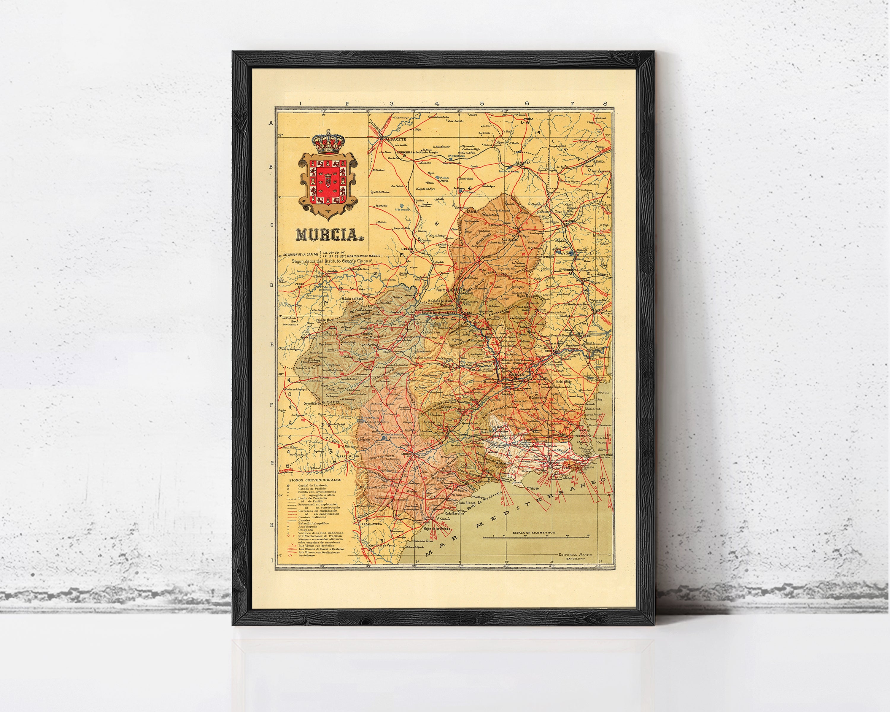 The image is a framed map of Murcia, Spain, with a black border and yellow background.