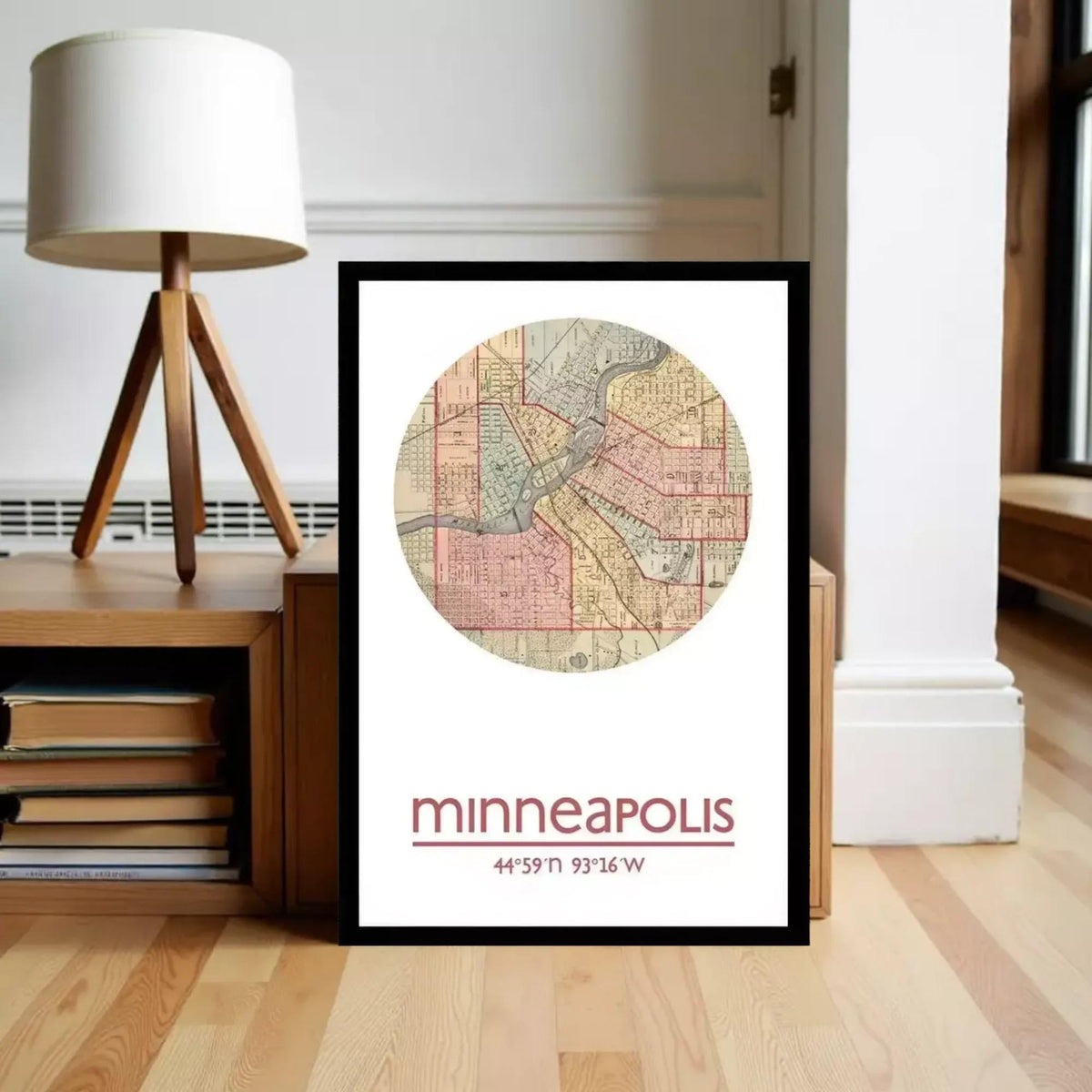 A framed map of Minneapolis, Minnesota, with the city's location and coordinates displayed.