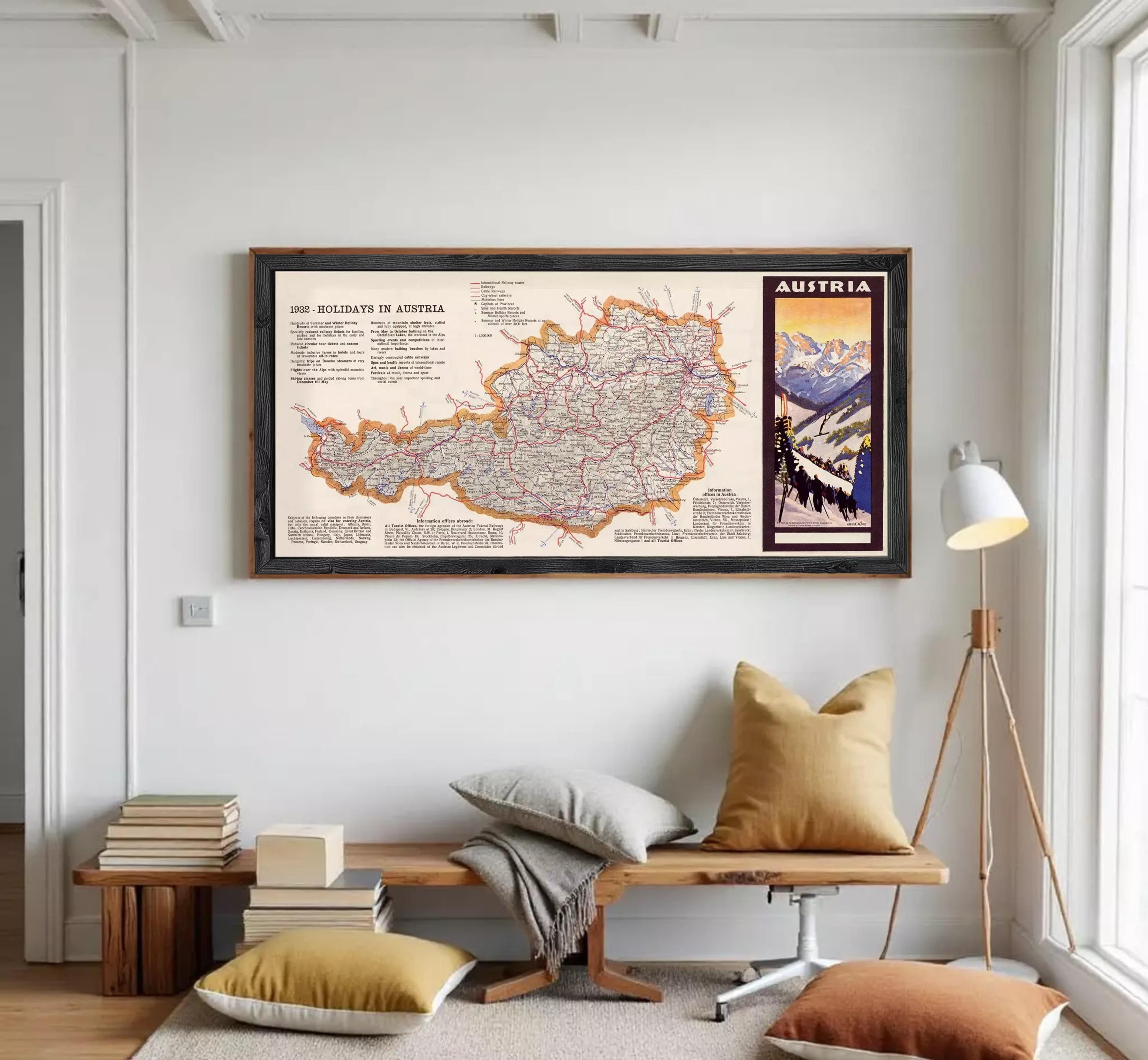 The image is a framed map of Austria, with a mountain landscape visible in the corner.