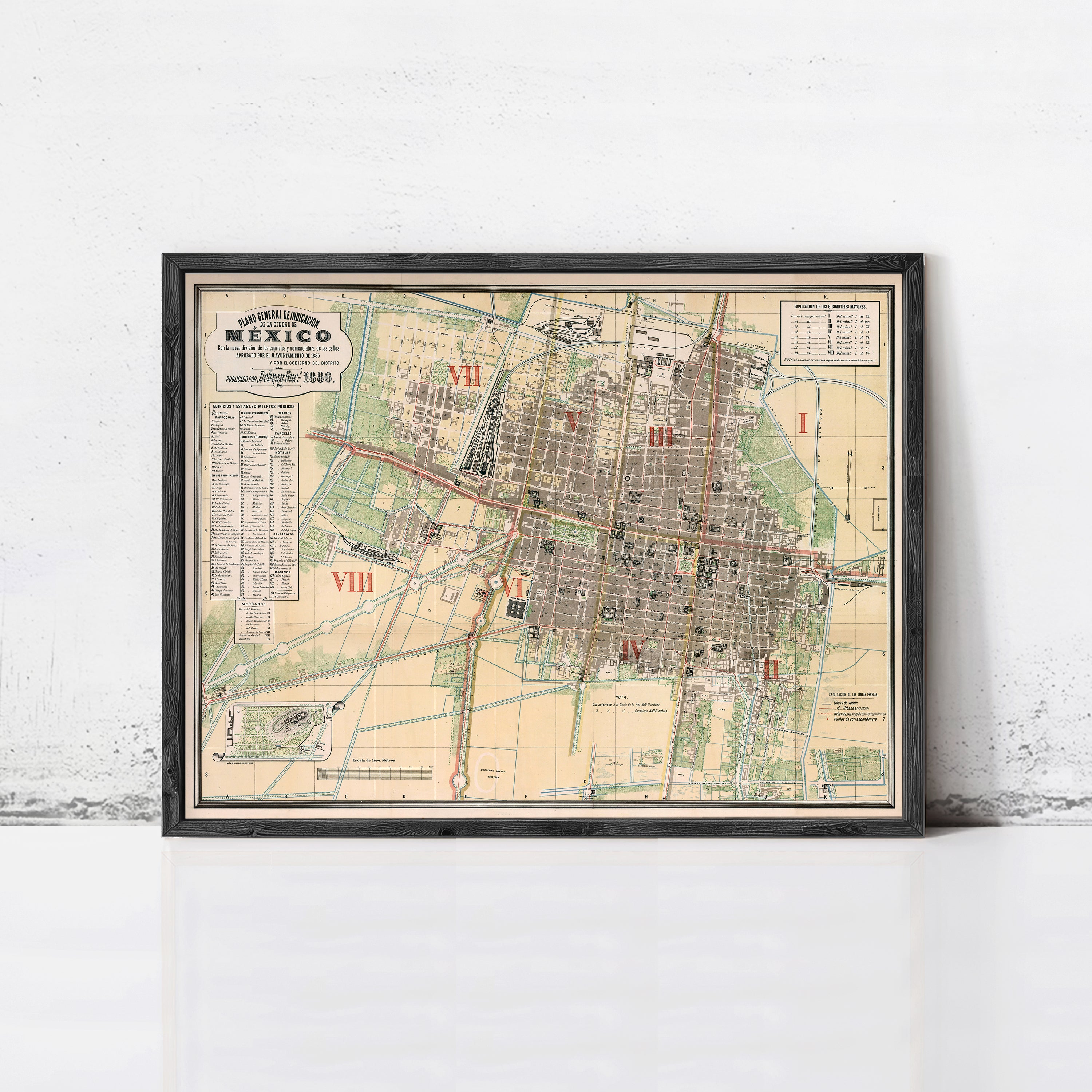 The image is a framed map of Mexico, showing the city layout and various landmarks.