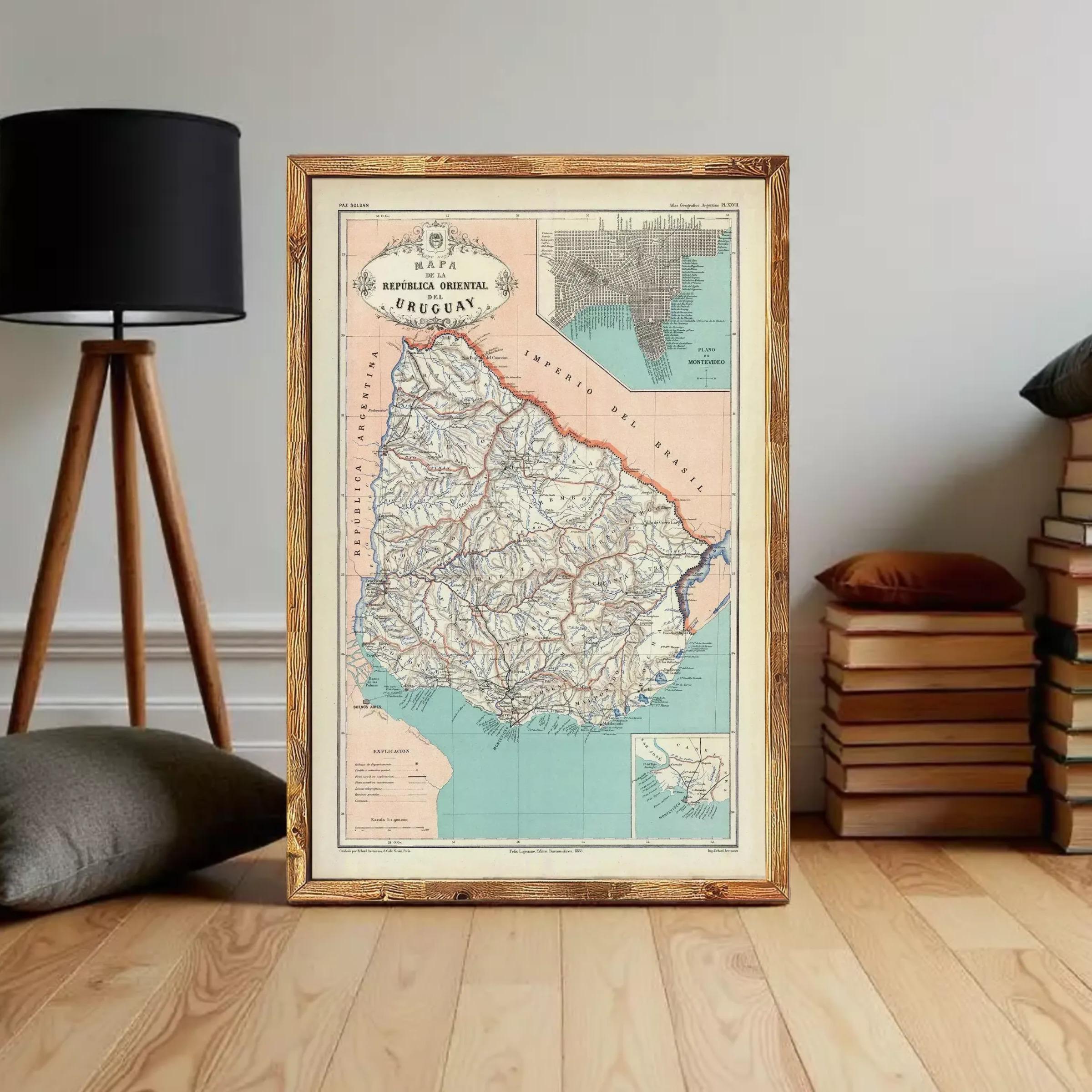 The image is a framed vintage map of the island of OREGON, displaying the country's geographical layout and surrounding areas.