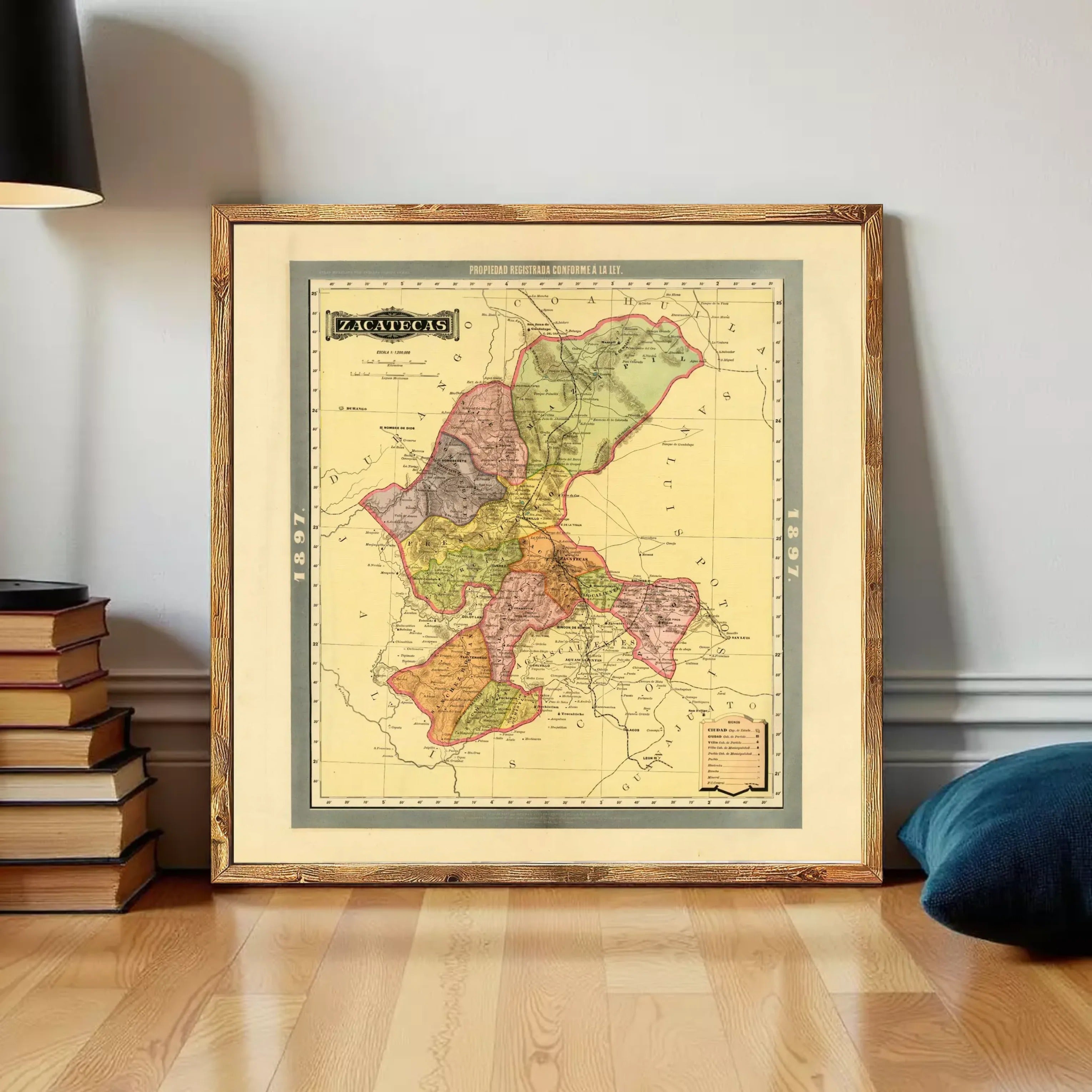 The image is a framed vintage map of the state of Zacatecas, Mexico, depicting the state's geographical layout and boundaries.