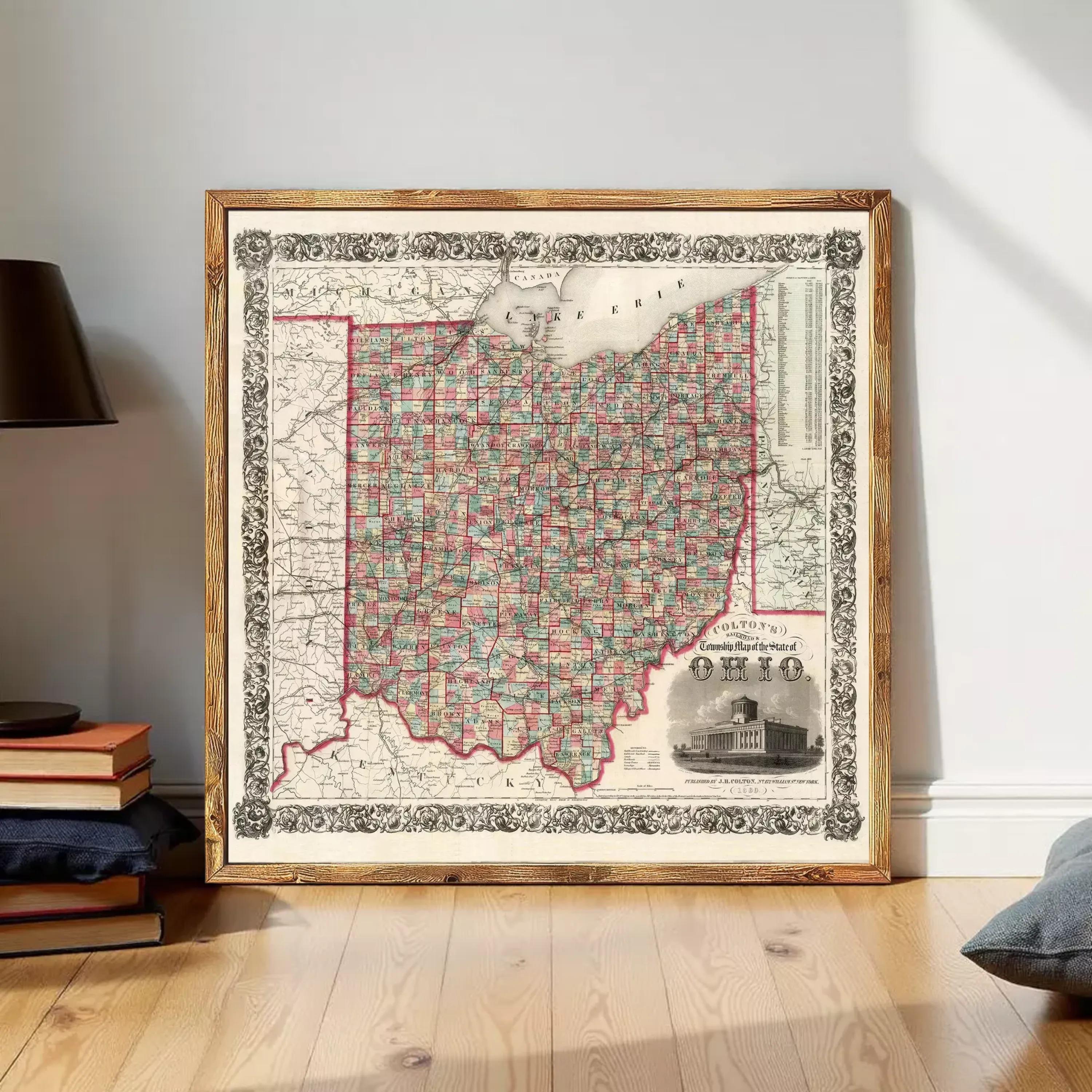 The image is a framed map of Ohio, showing the state's geographical layout and boundaries.