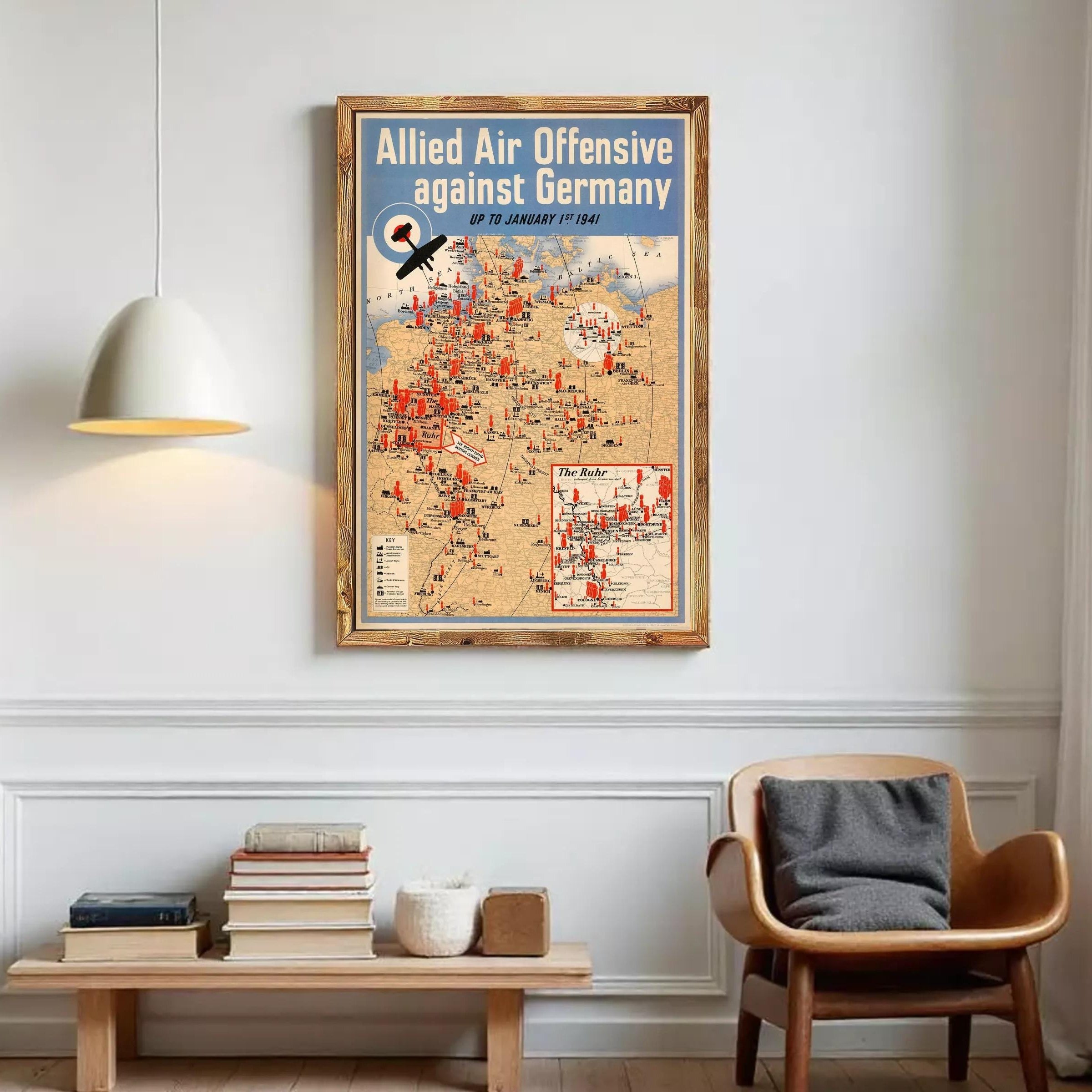 The image is a vintage poster depicting a map of the world with a focus on the Allied Air Offensive against Germany during World War II.