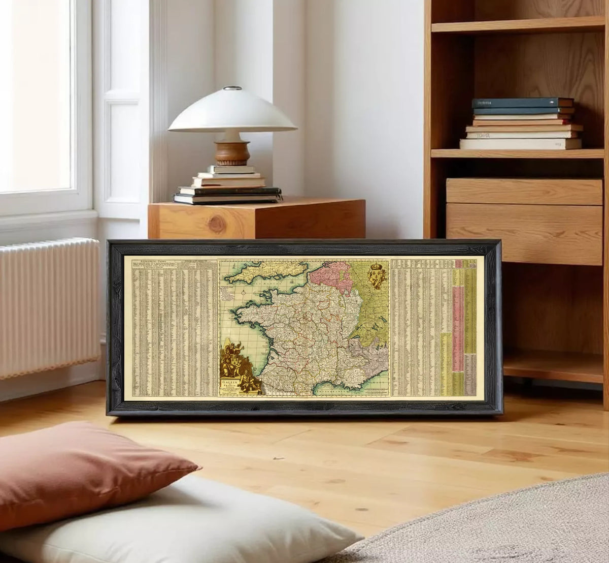 A framed map of Europe and the surrounding areas, with a detailed and colorful depiction of the continent and its countries.