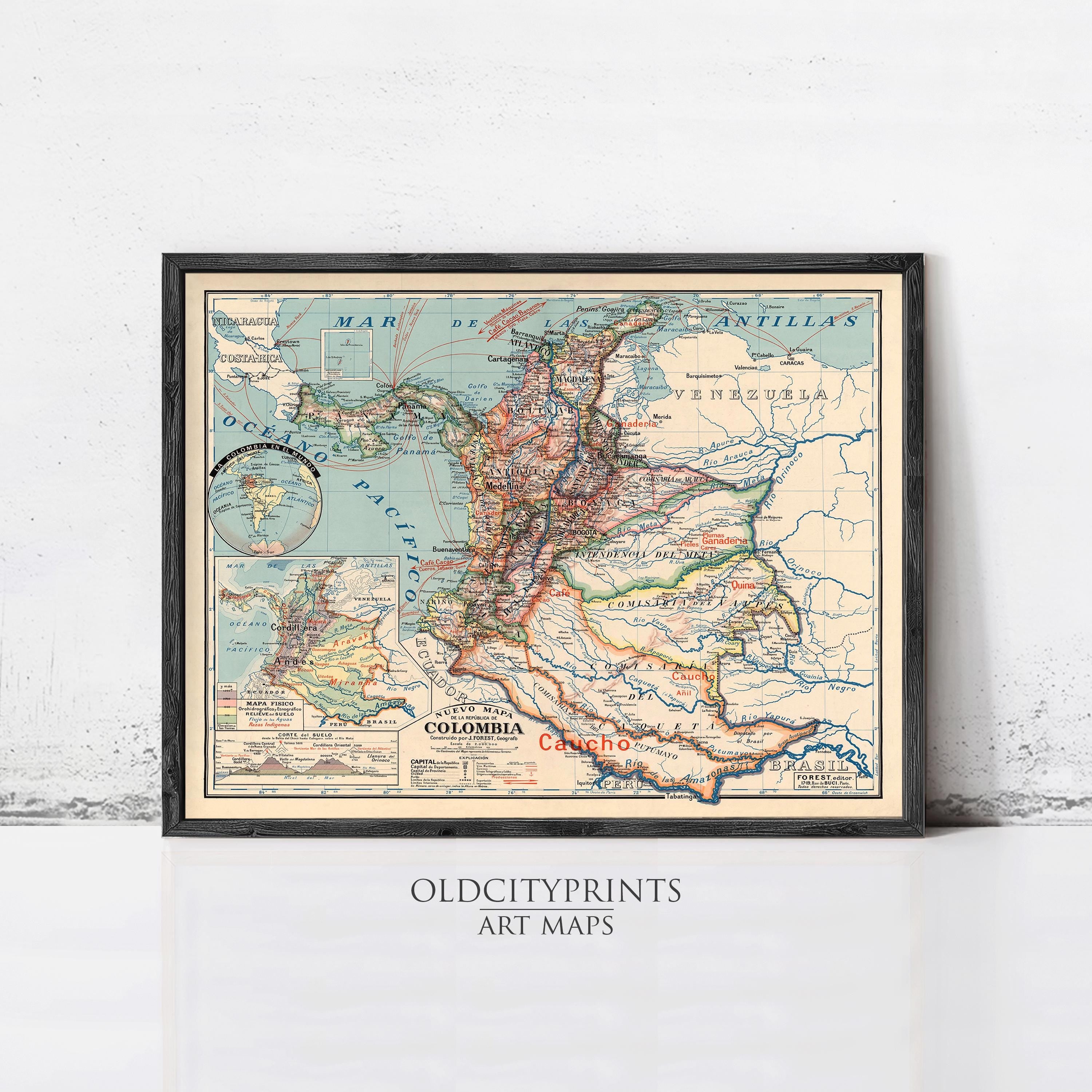The image is a framed vintage map of South America, specifically focusing on Colombia.