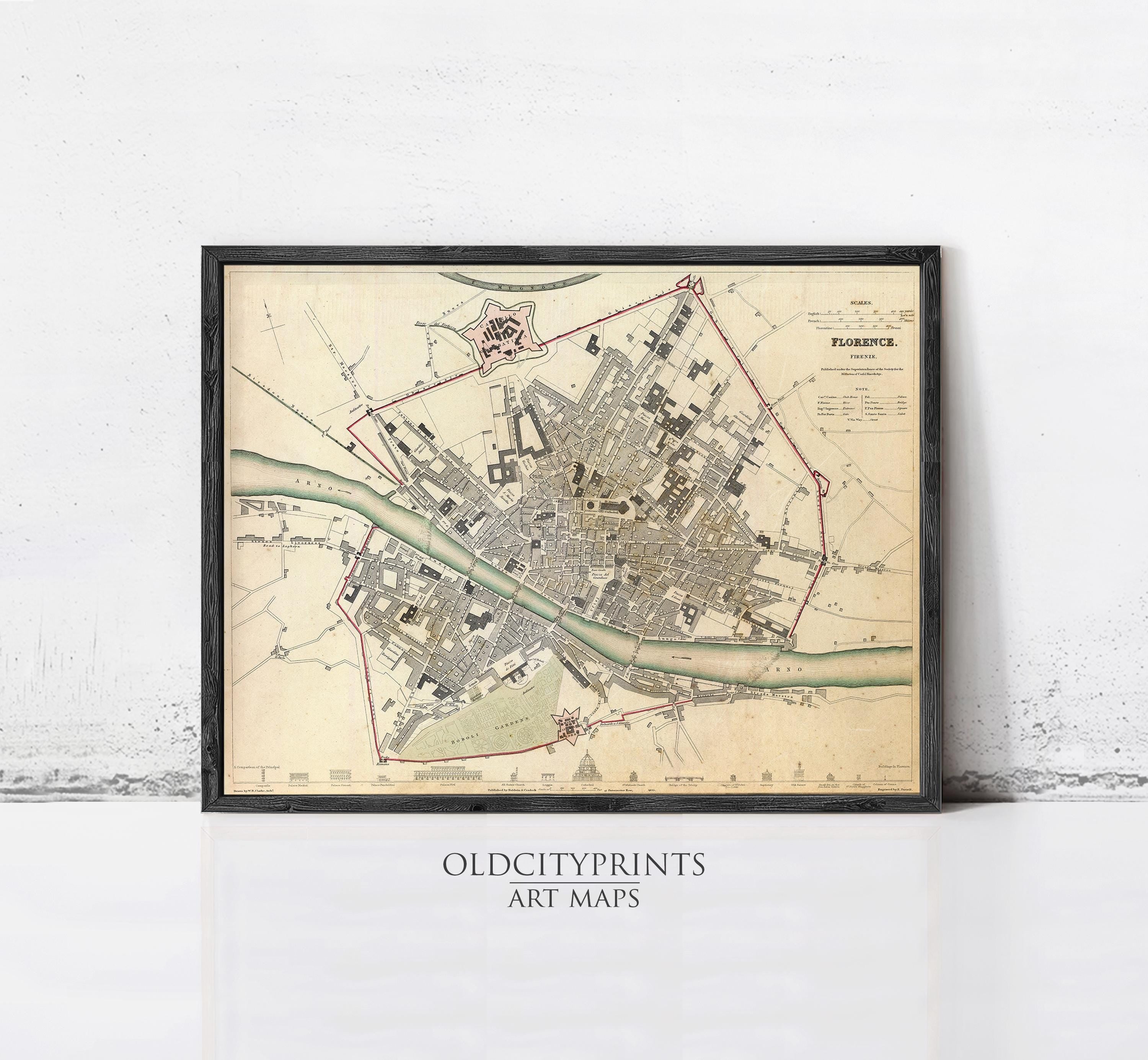 The image is a framed vintage map of Florence, Italy, depicting the city's layout and surrounding areas.