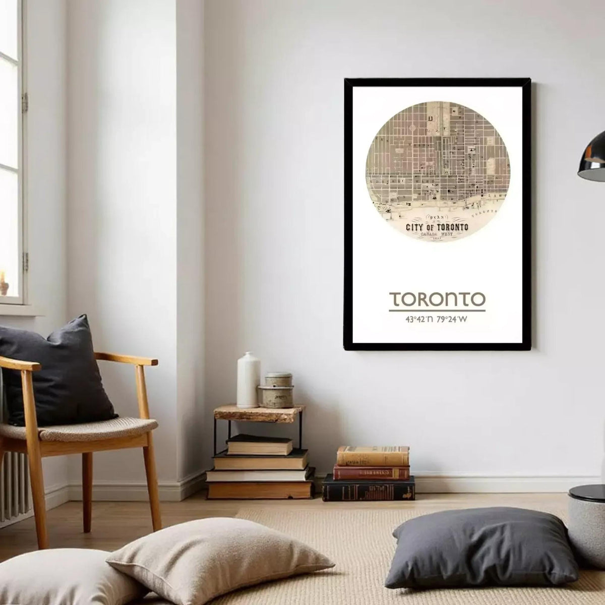 a cozy living room with a framed poster of Toronto, a wooden chair, a stack of books, and a gray pillow on the floor.