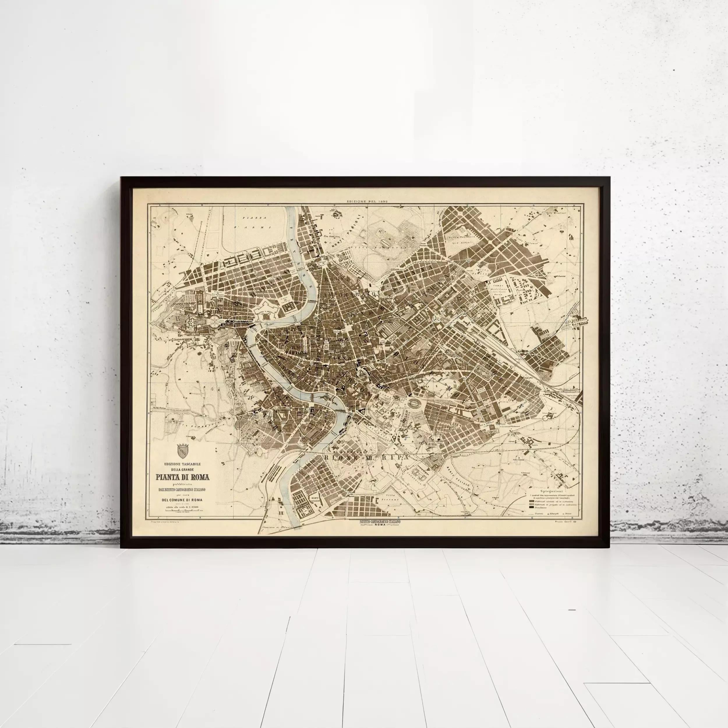 The image is a framed vintage map of Rome, Italy, depicting the city's layout and streets.