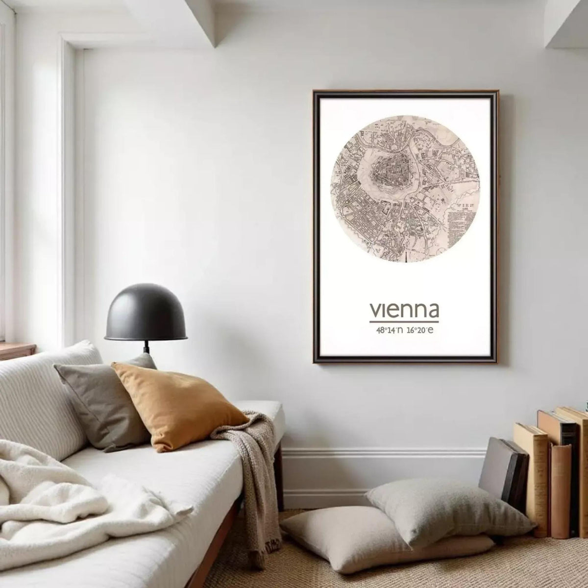 a cozy living room with a white sofa, a lamp, and a framed map of Vienna hanging on the wall.