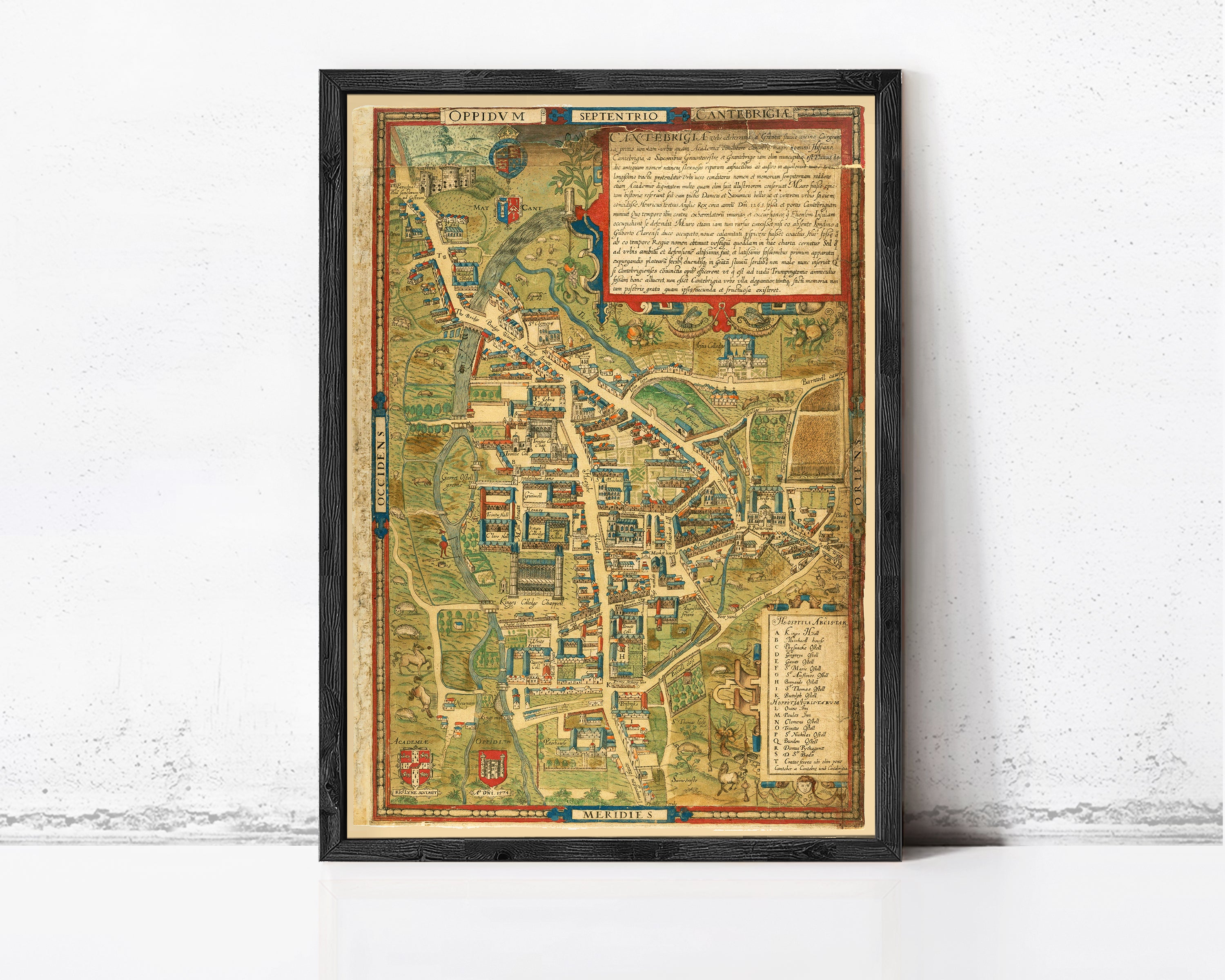 The image is a framed vintage map of a town or city, with detailed illustrations and labels.