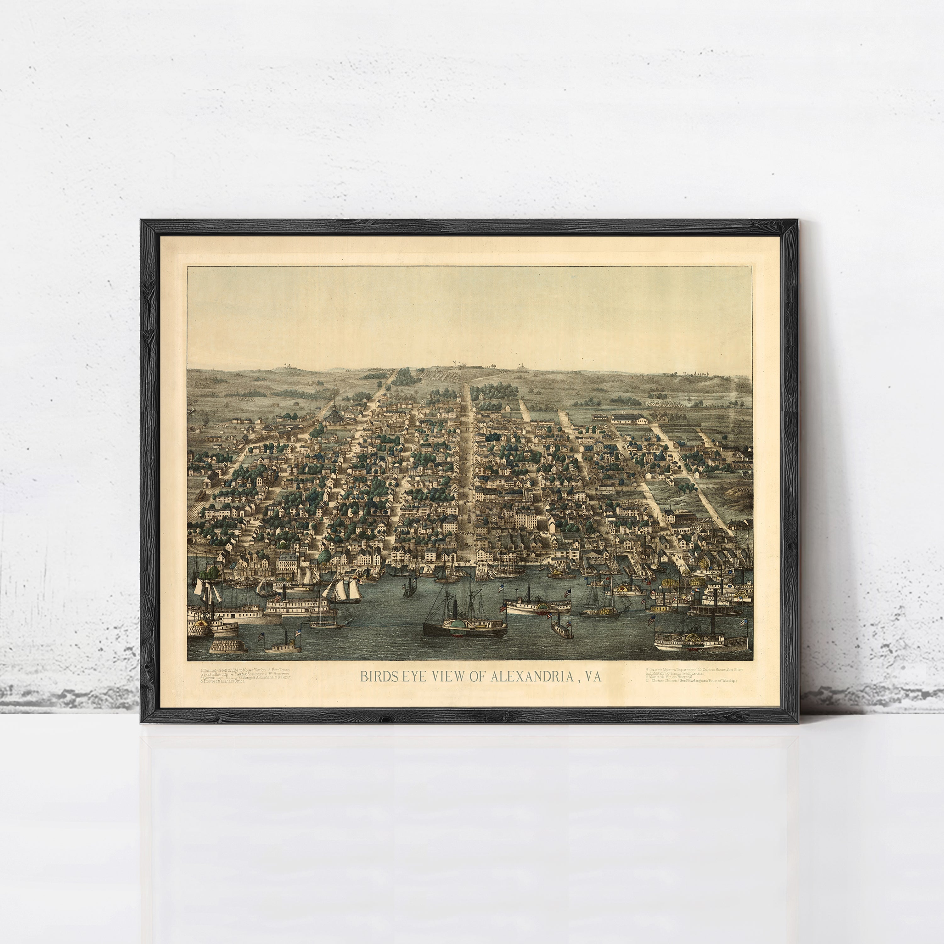 The image is a framed print depicting a bird's eye view of a city, likely Alexandria, Virginia.