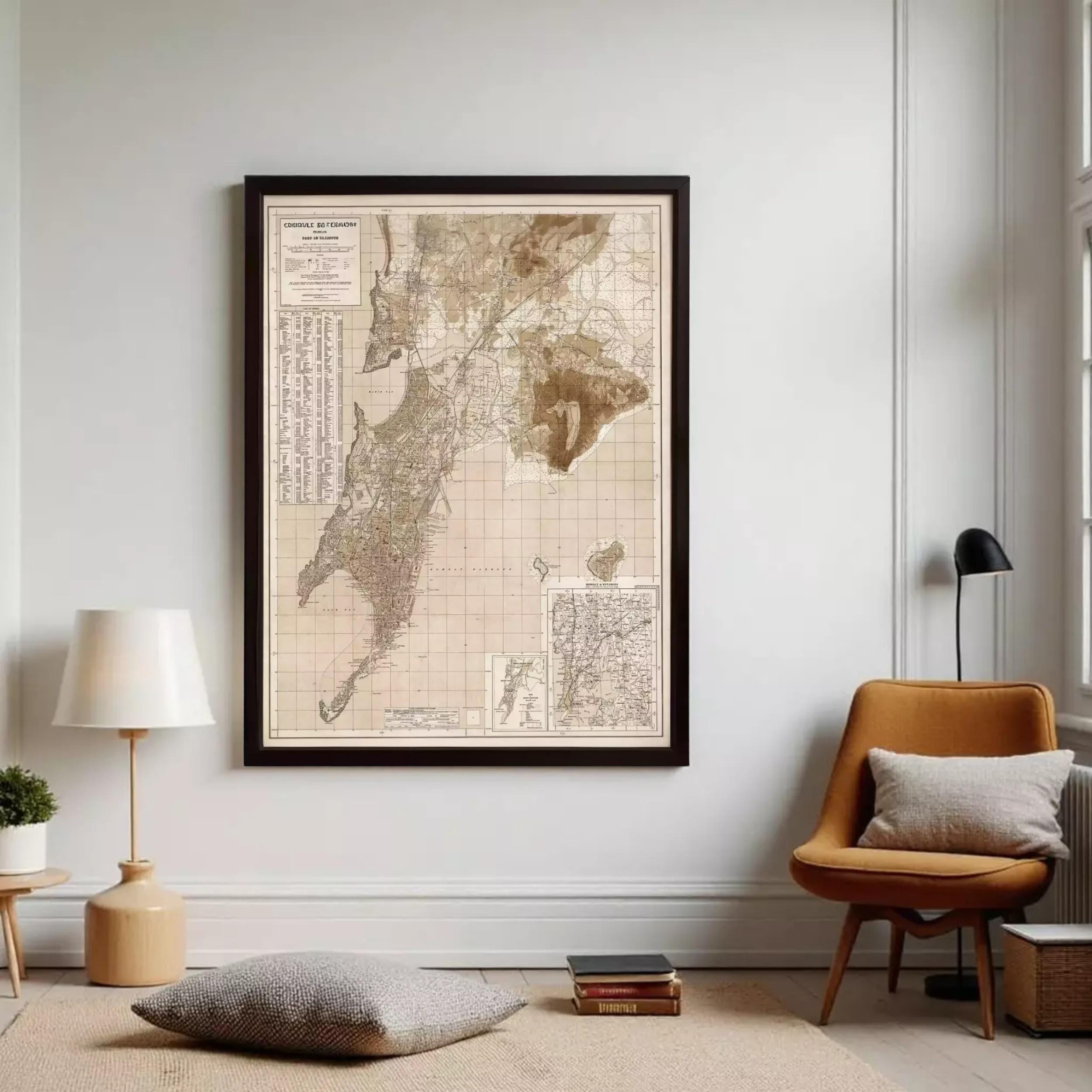 The image is a framed vintage map of India, depicting the country's geographical layout and major cities.