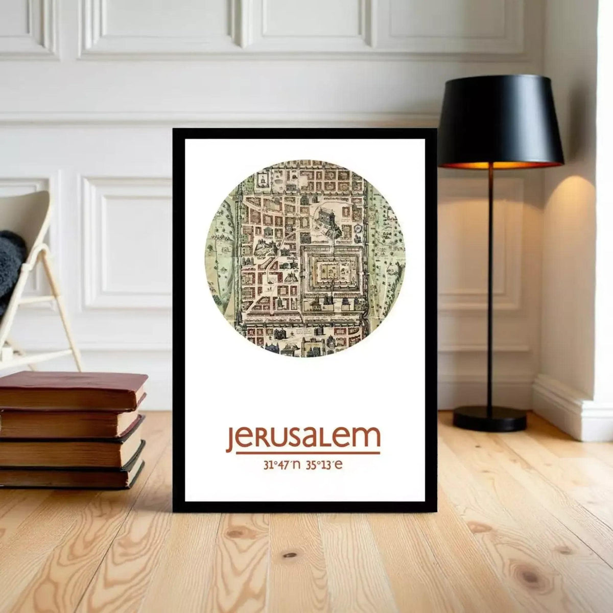 A framed illustration of a map of Jerusalem, with the text "JERUSALEM 31°47'33" 13°E" below the image.
