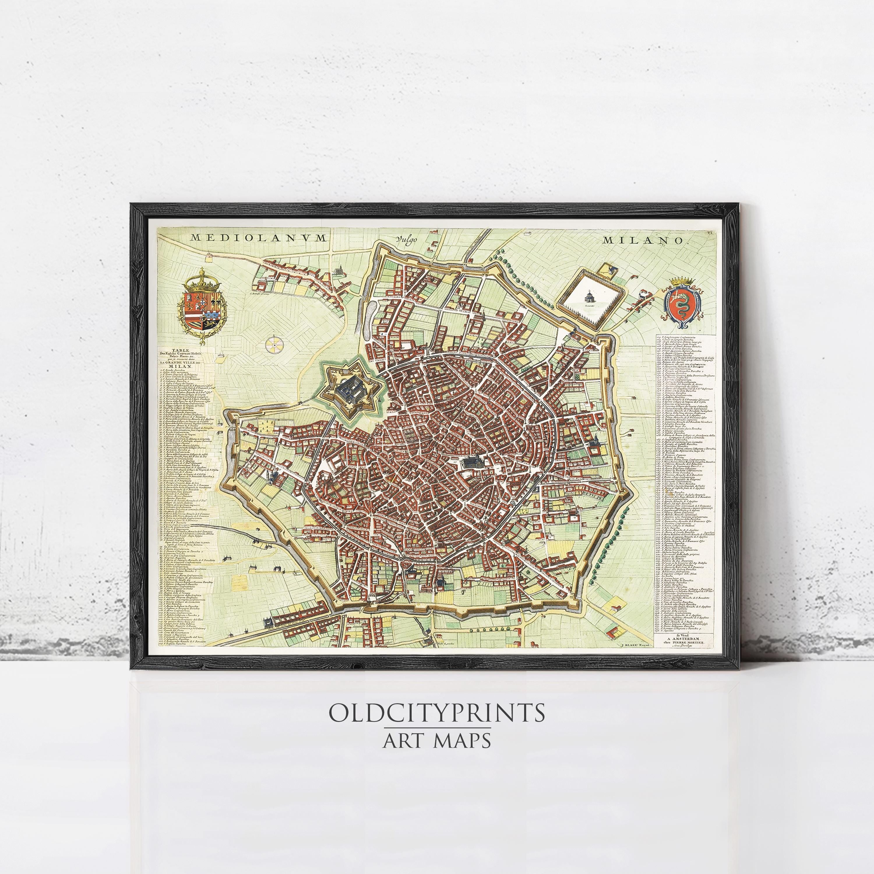 The image is a framed art print depicting a detailed map of Milan, Italy.