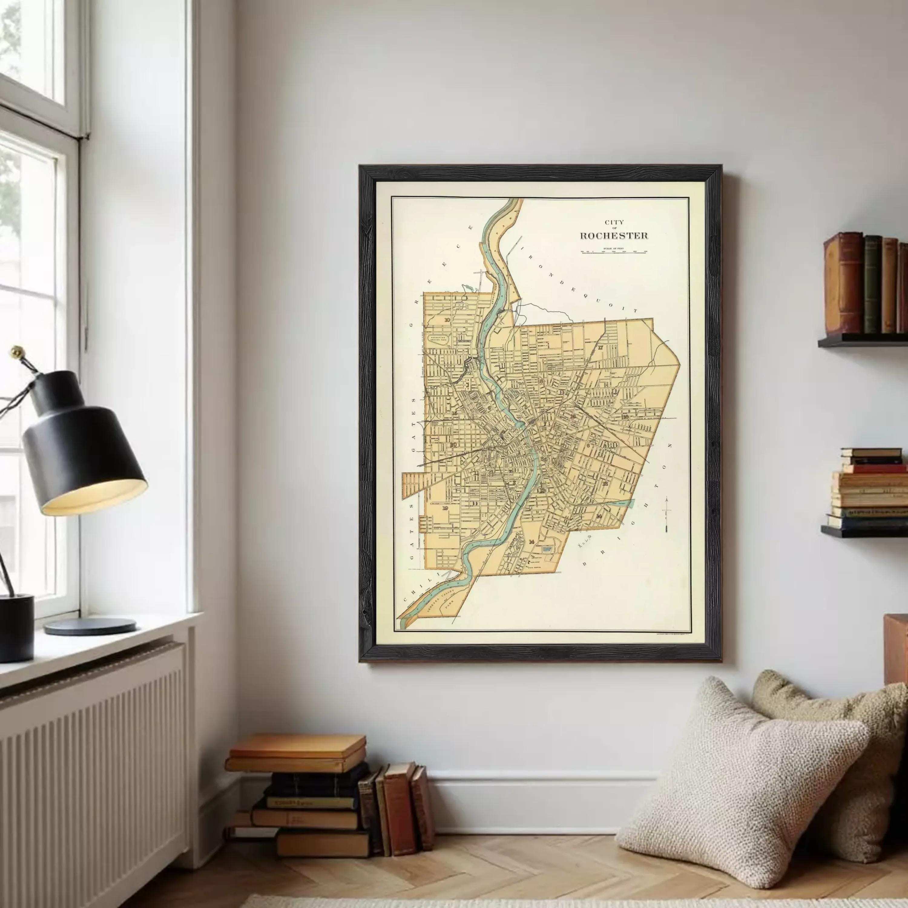 The image is a framed map of the city of Rochester, New York, depicting the city's streets and surrounding areas.