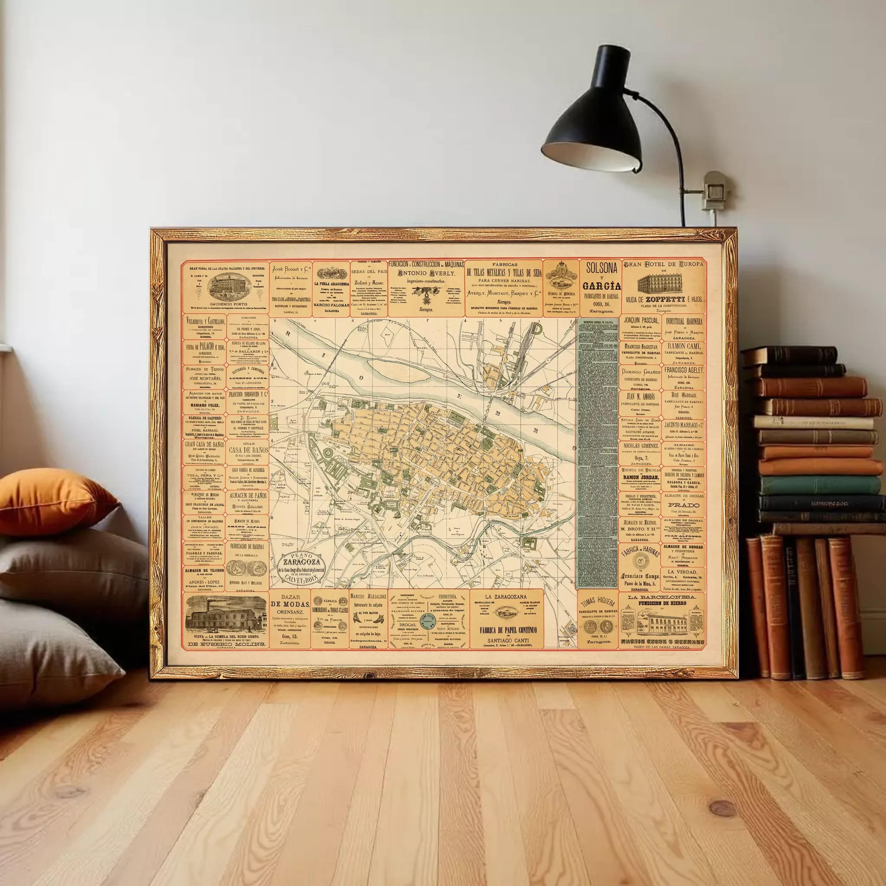 The image is a framed vintage map of a city, likely from the early 20th century.
