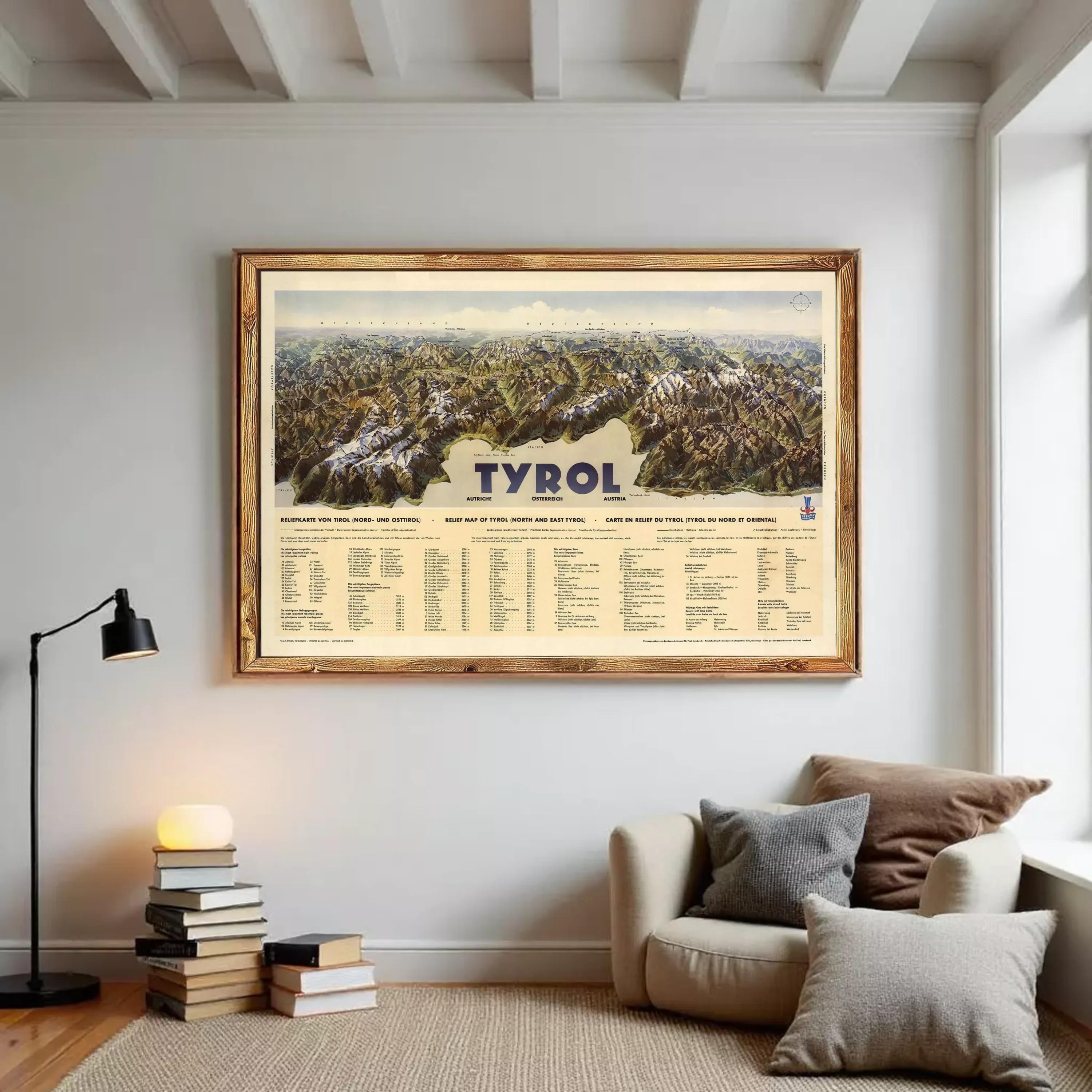 The image is a framed map of Tyrol, Austria, depicting the region's mountainous terrain and landscape.