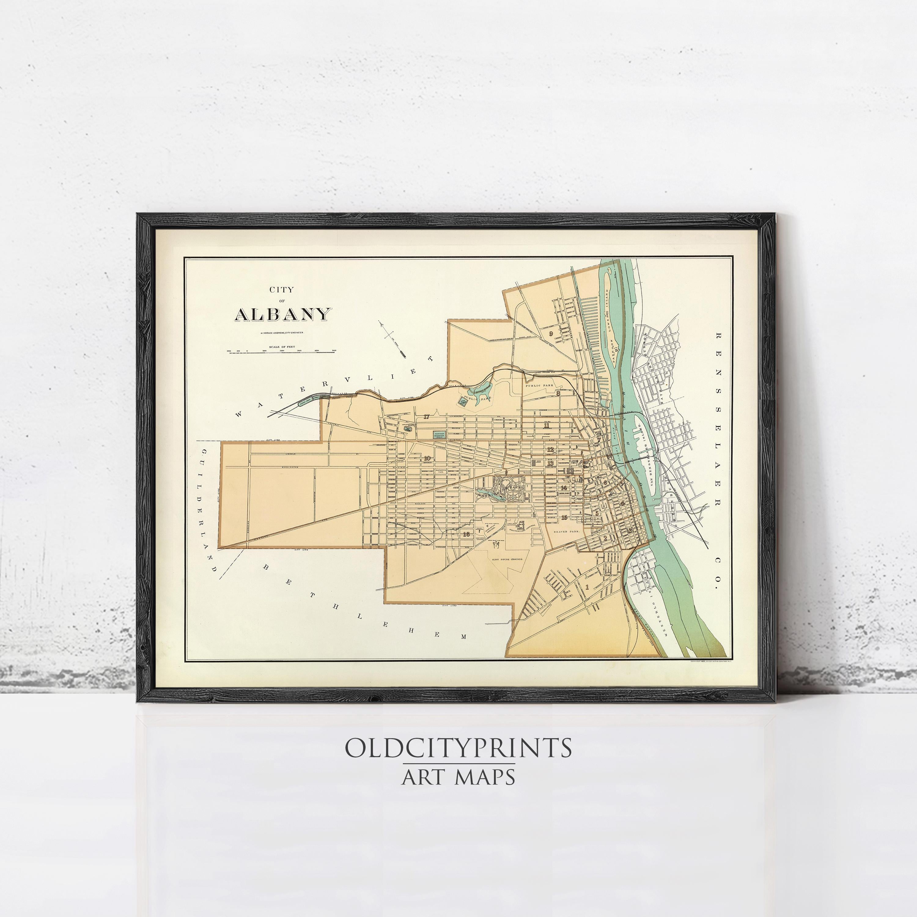 The image is a framed vintage map of the city of Albany, New York, depicting the city's layout and surrounding areas.