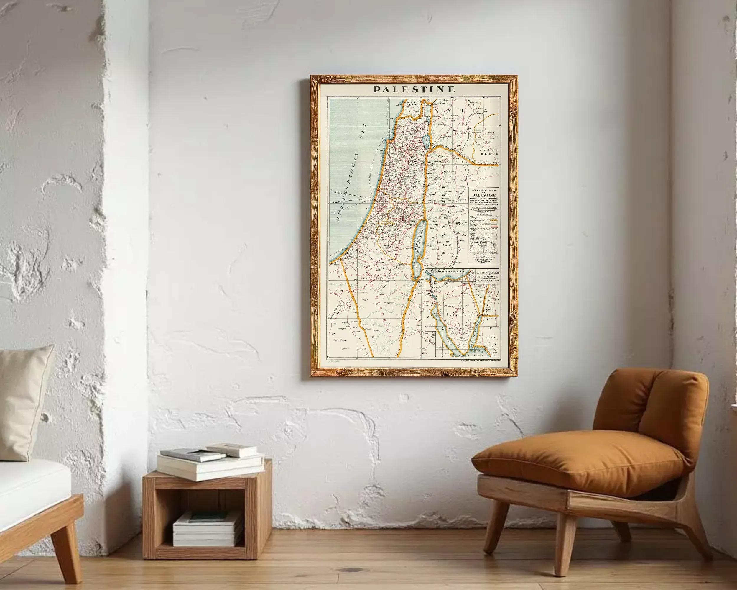 The image is a framed vintage map of Palestine, depicting the country's geographical layout and boundaries.