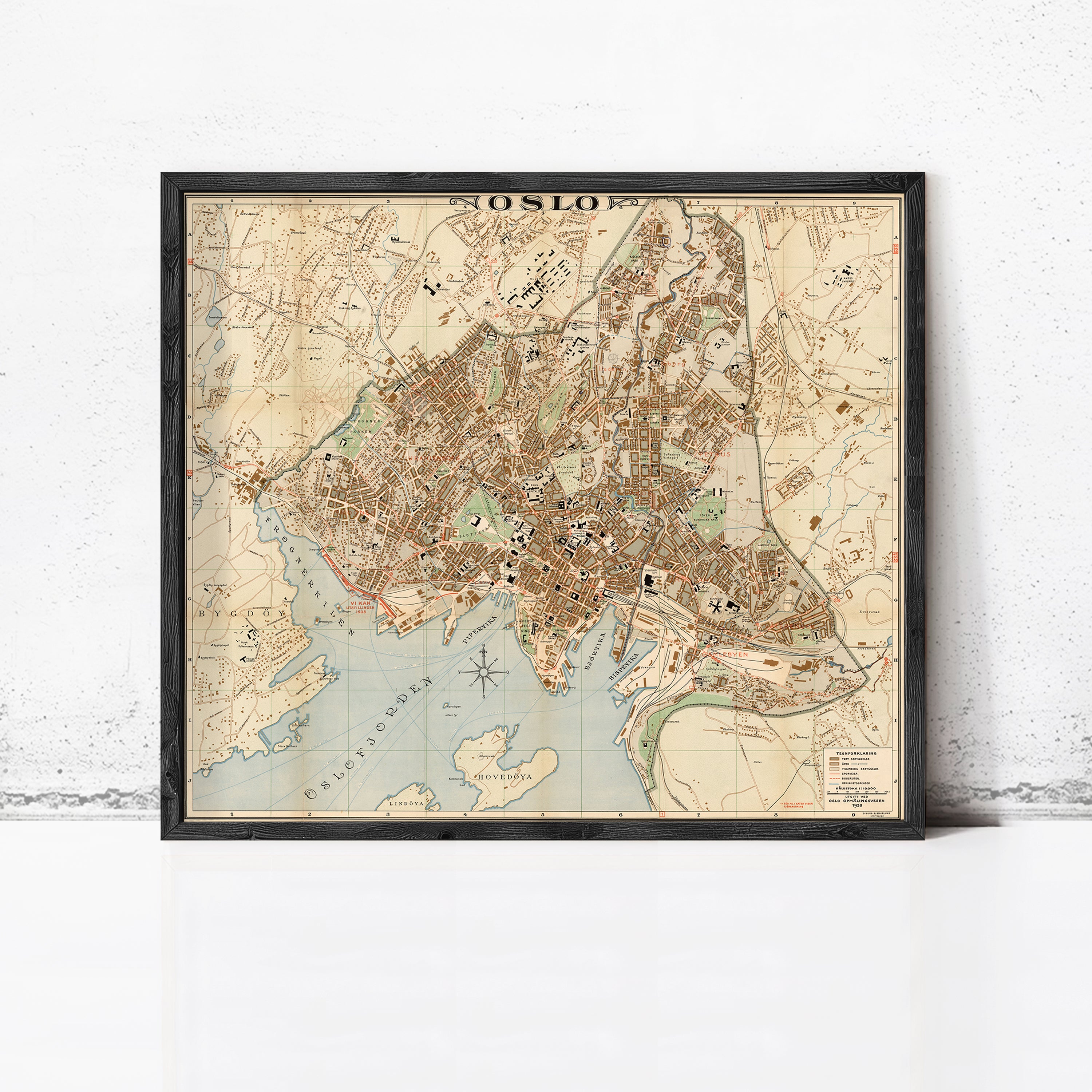 The image is a framed map of the city of Oslo, Norway.