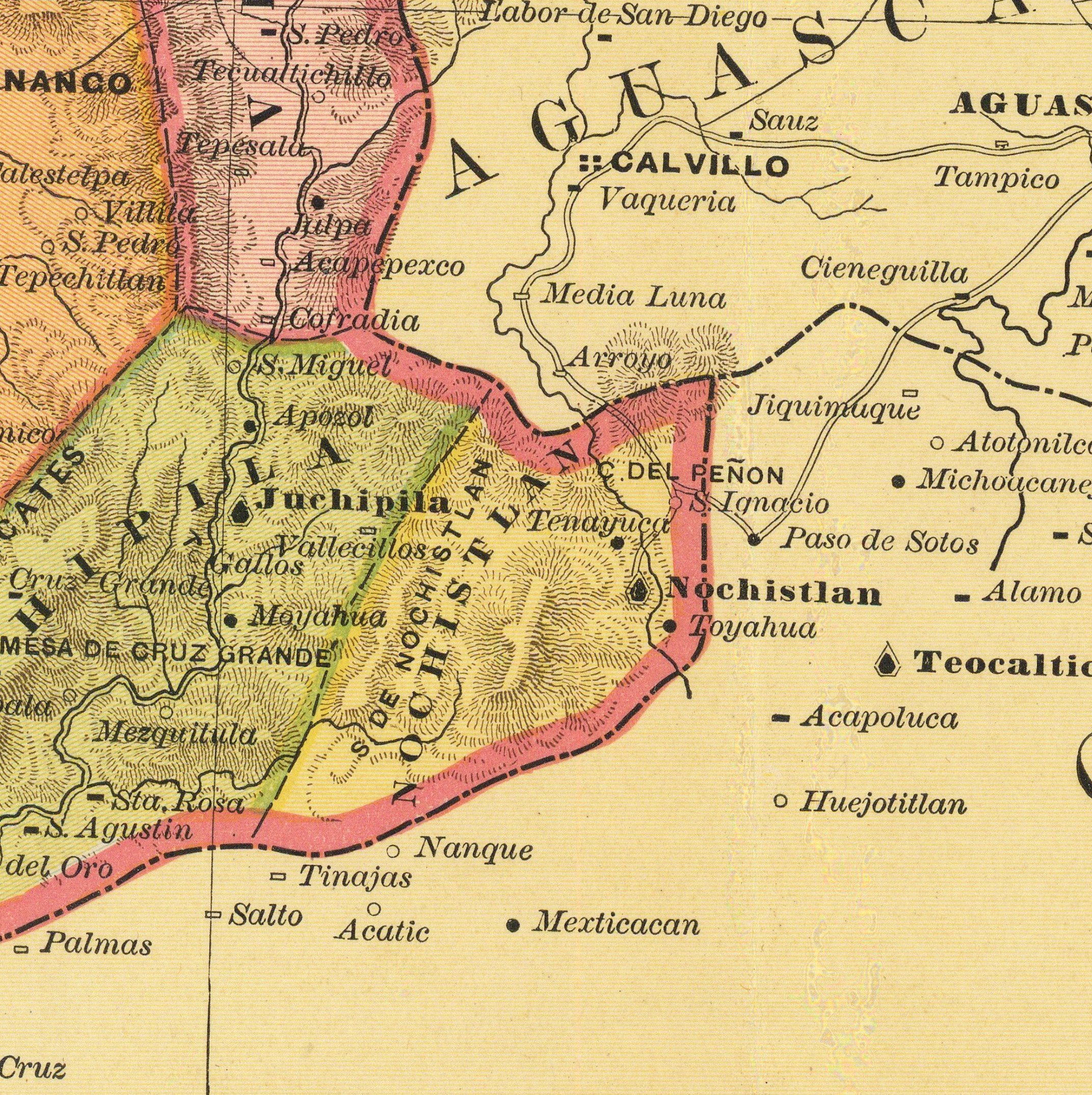The image is a historical map showing the geographical boundaries and locations of various regions in Mexico, including the state of Oaxaca, the state of Teotihuacán, and the state of Nogat.