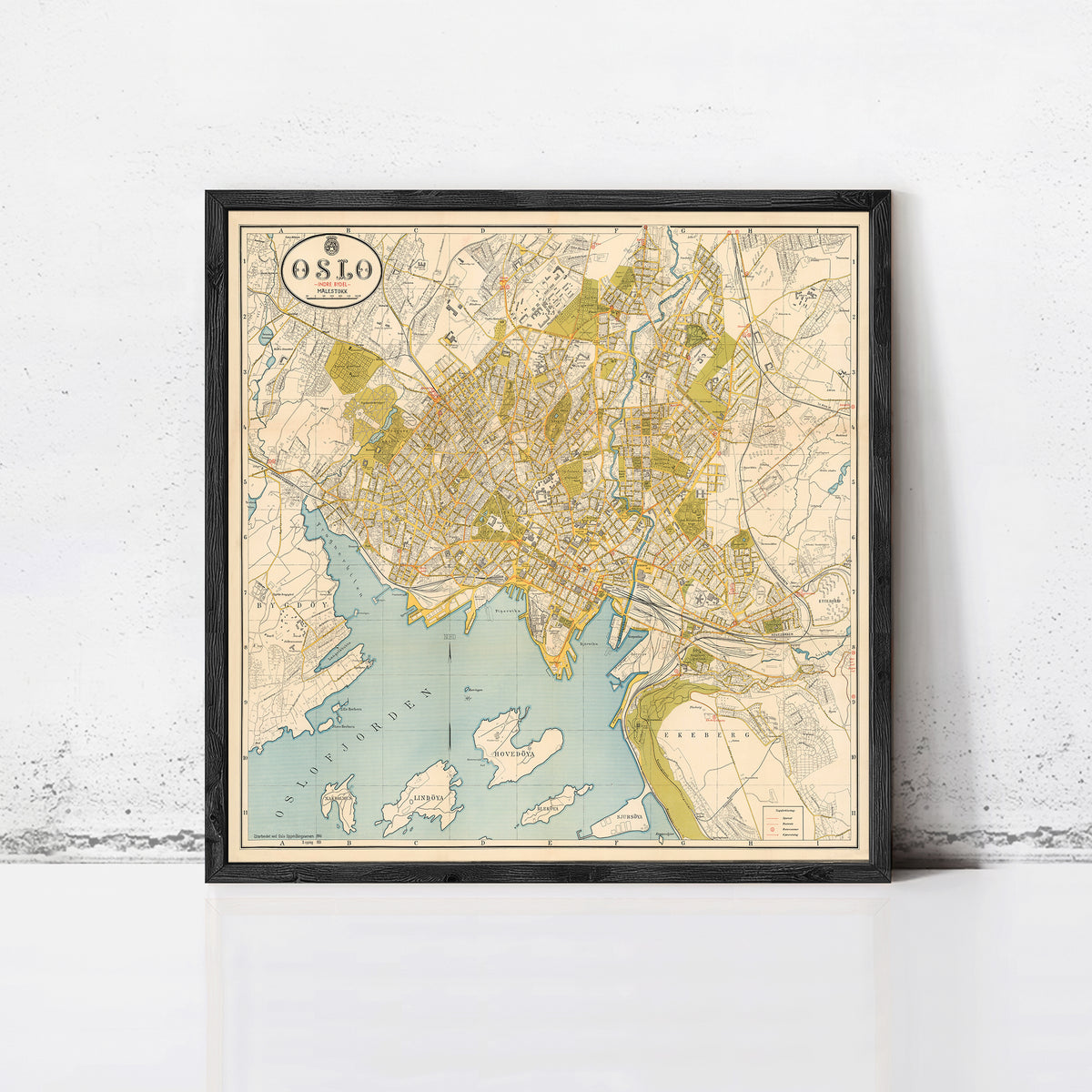 The image is a framed map of the city of Oslo, Norway.