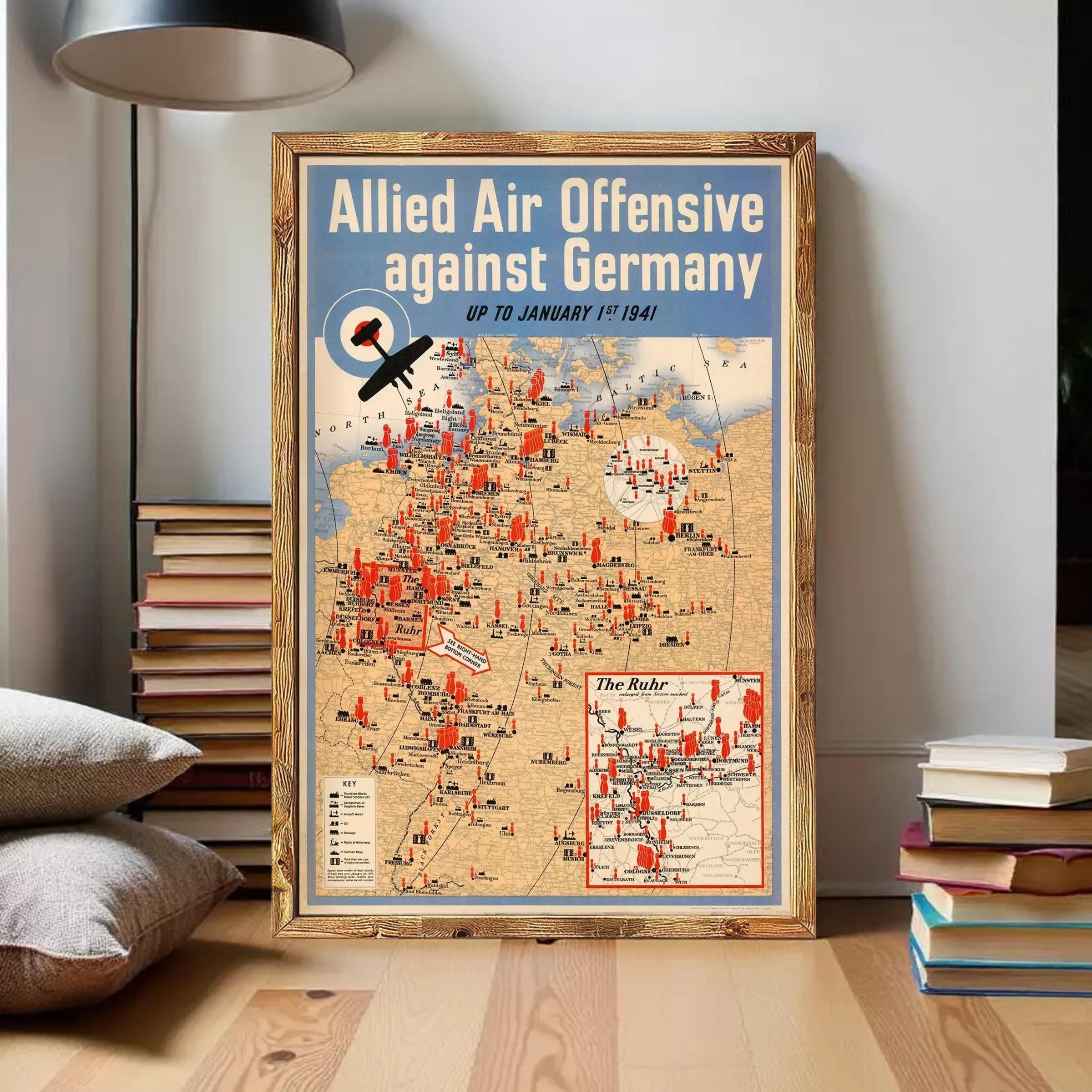 The image is a vintage poster depicting a map of the world with a focus on the Allied Air Offensive against Germany during World War II.