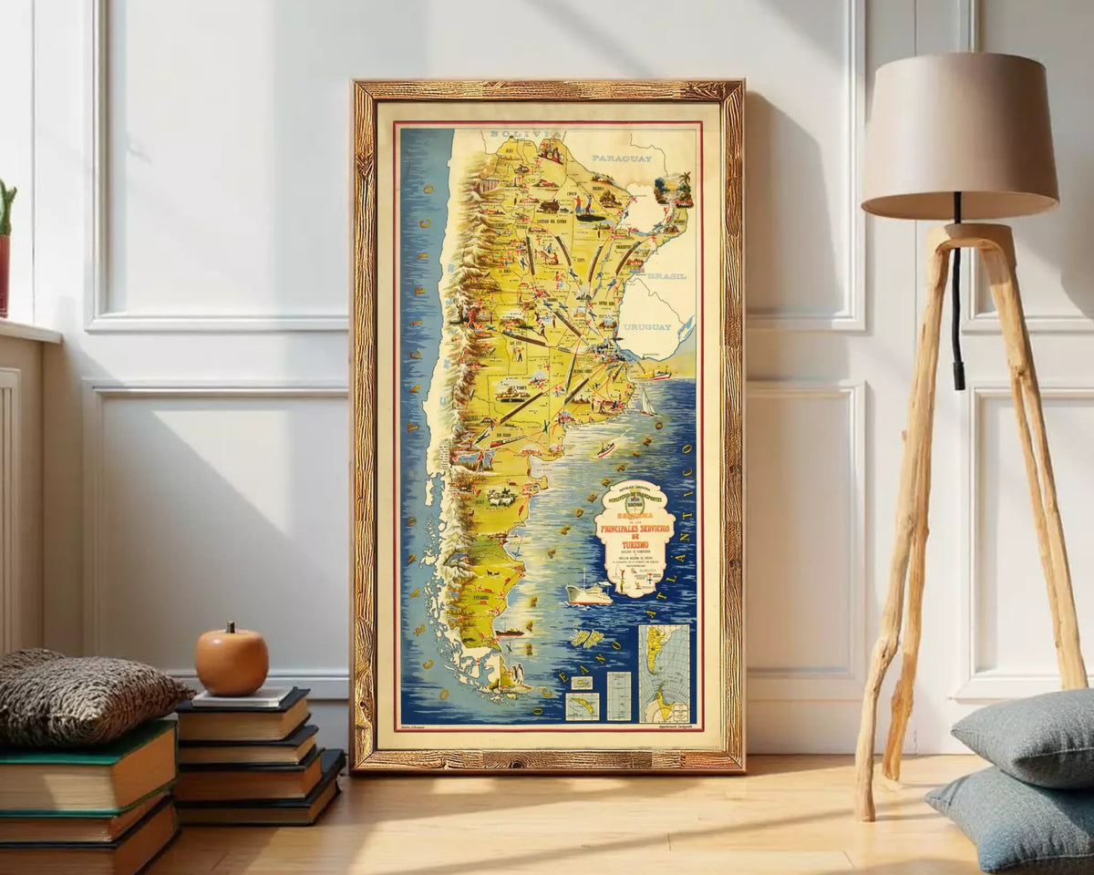 The image is a framed vintage map of South America, featuring various countries and regions with detailed labels.