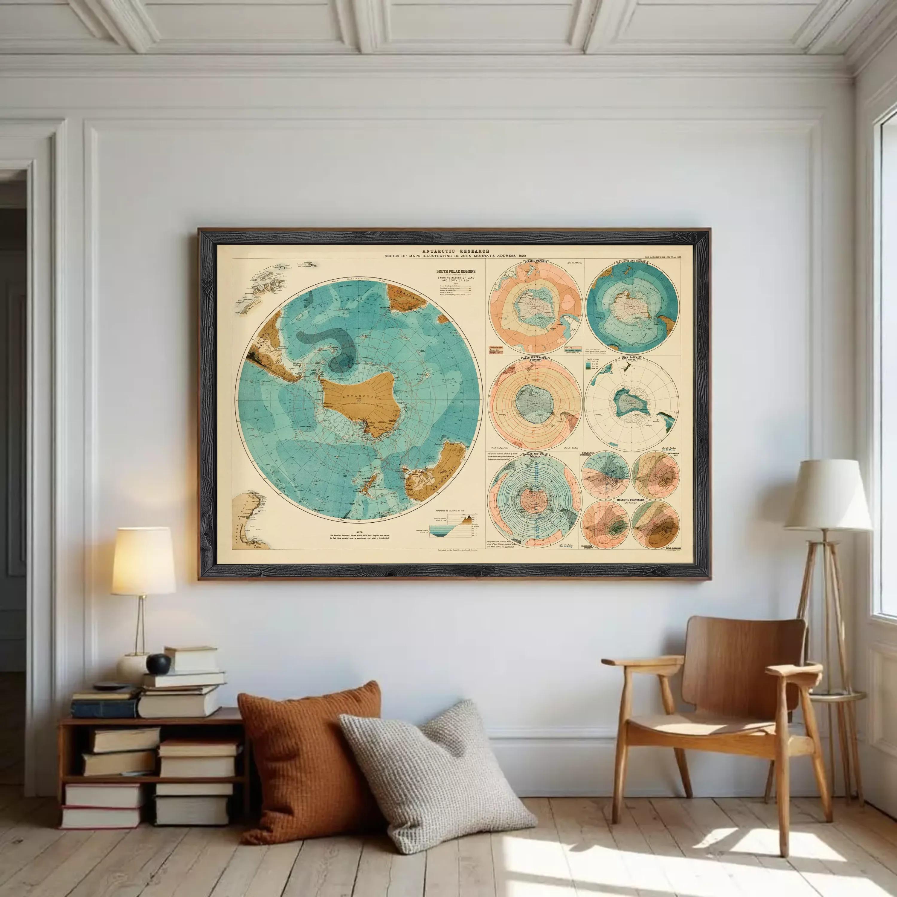The image is a framed vintage map of the Arctic region, depicting various regions and zones of the Arctic Ocean.