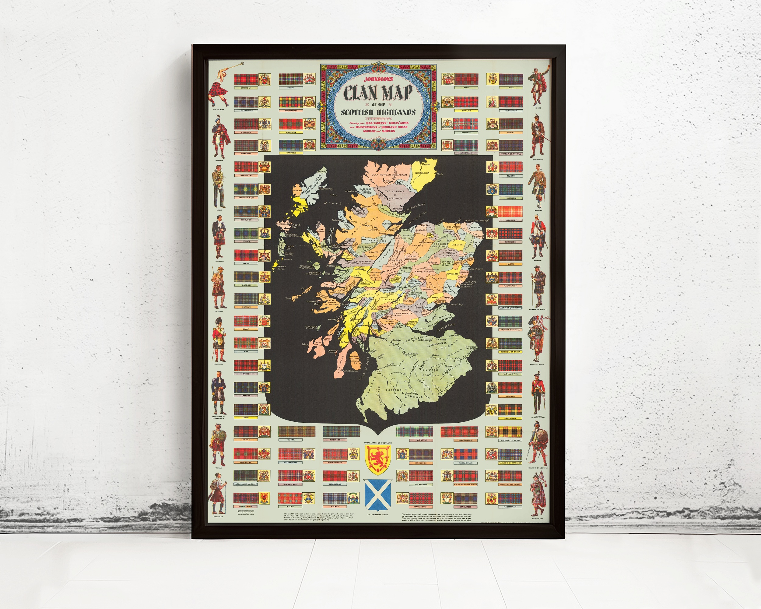 The image is a framed poster depicting a map of Scotland, with various symbols and flags surrounding the map.