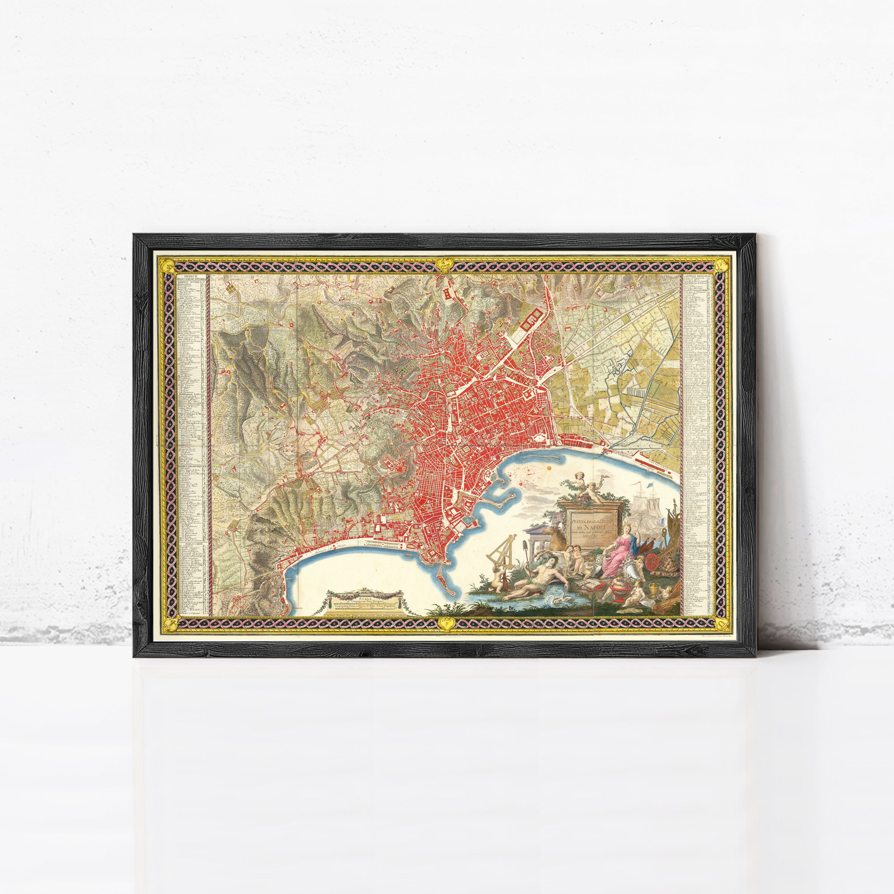 The image is a framed vintage map of a city, depicting a detailed and colorful representation of the urban landscape.