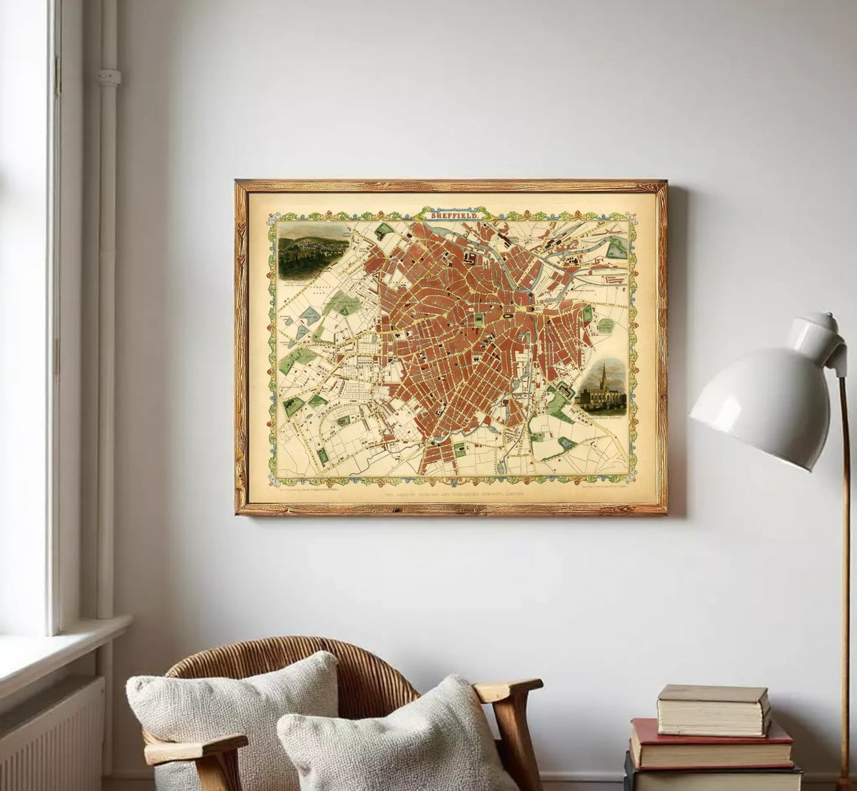 The image is a framed map of a city, likely a historical or vintage map, displayed on a wall.