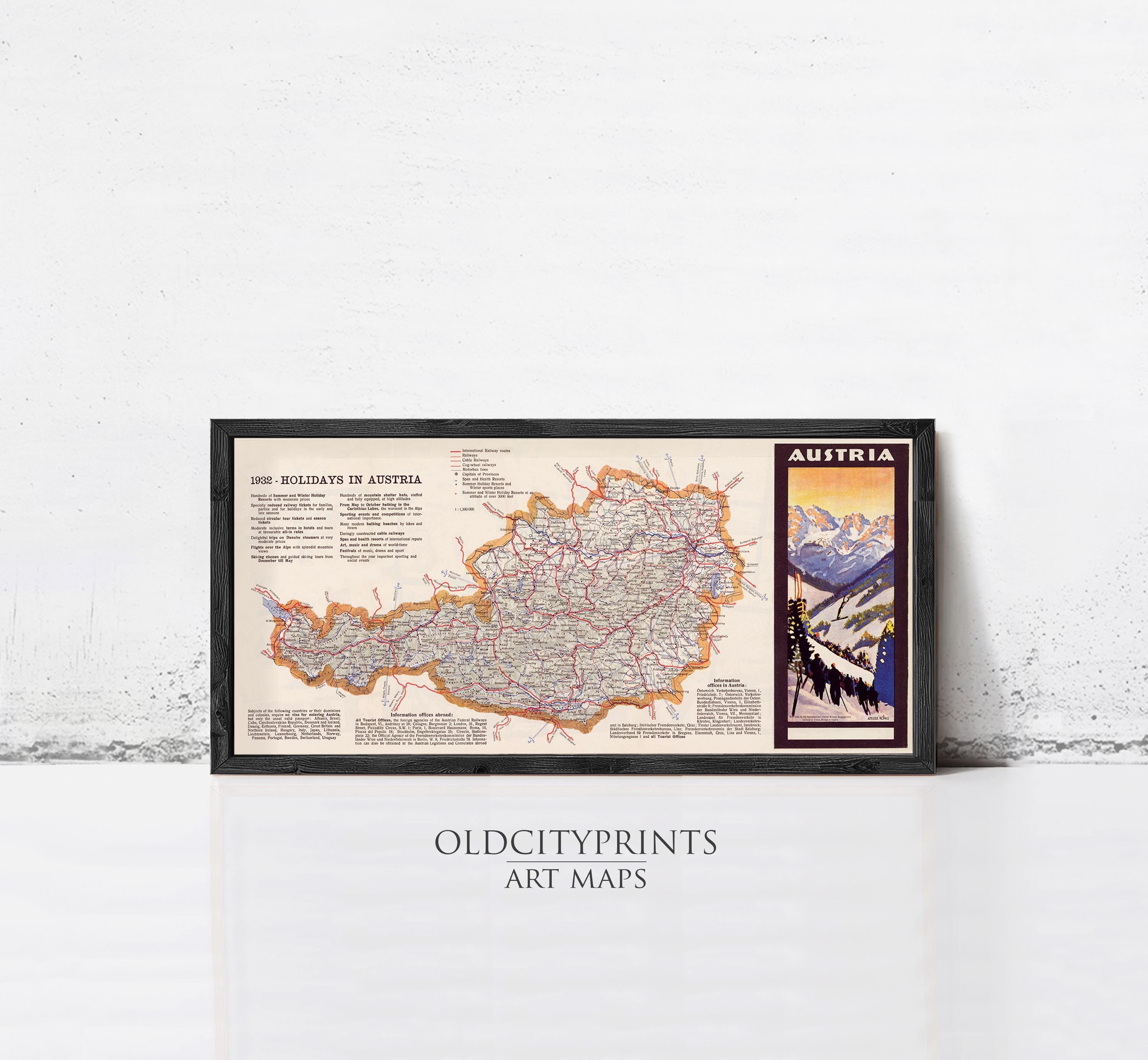 The image is a framed art map of Austria, featuring a detailed map of the country with various regions and landmarks marked.