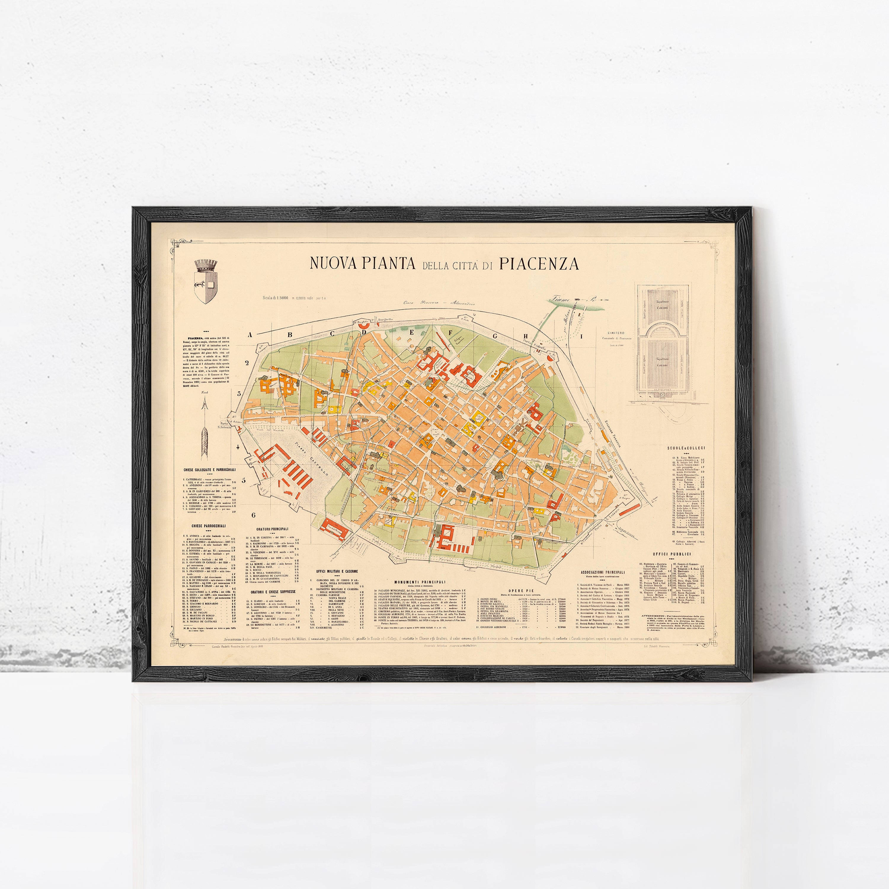 The image is a framed map of the city of Peacenza, Italy, depicting the layout and various landmarks within the city.
