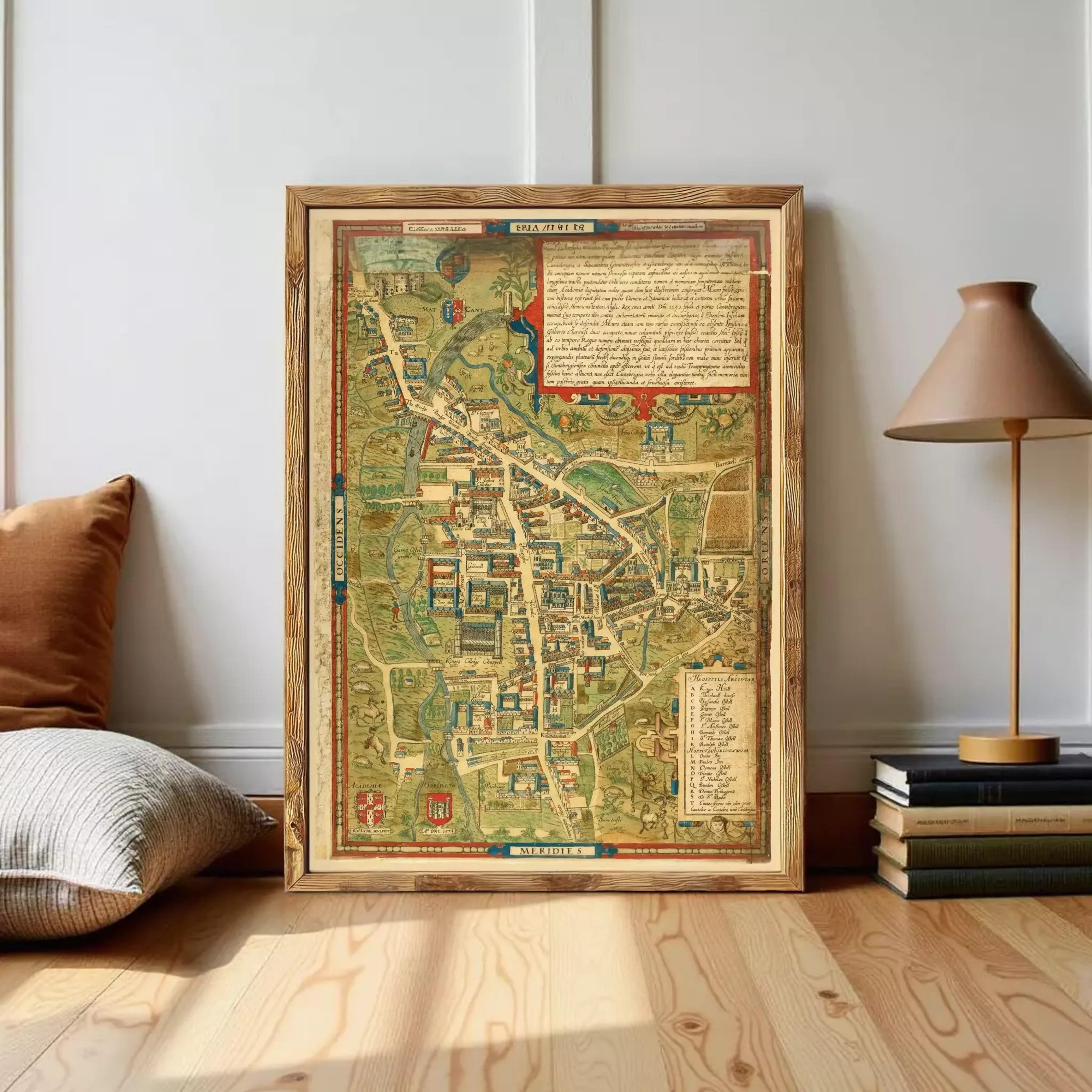The image is a framed map of a town or city, with various buildings, roads, and other landmarks depicted. The map appears to be old and possibly from a historical period, as indicated by the ornate frame and the presence of text. The image does not contain any specific details about the content or purpose of the map, and it does not provide any additional information beyond the visual elements.