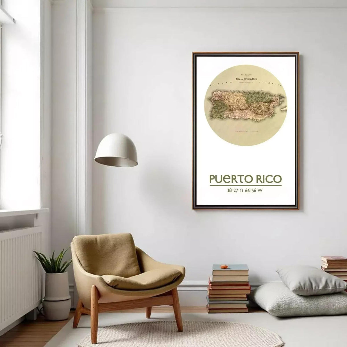 a living room with a brown armchair, a bookshelf, and a framed map of Puerto Rico hanging on the wall.