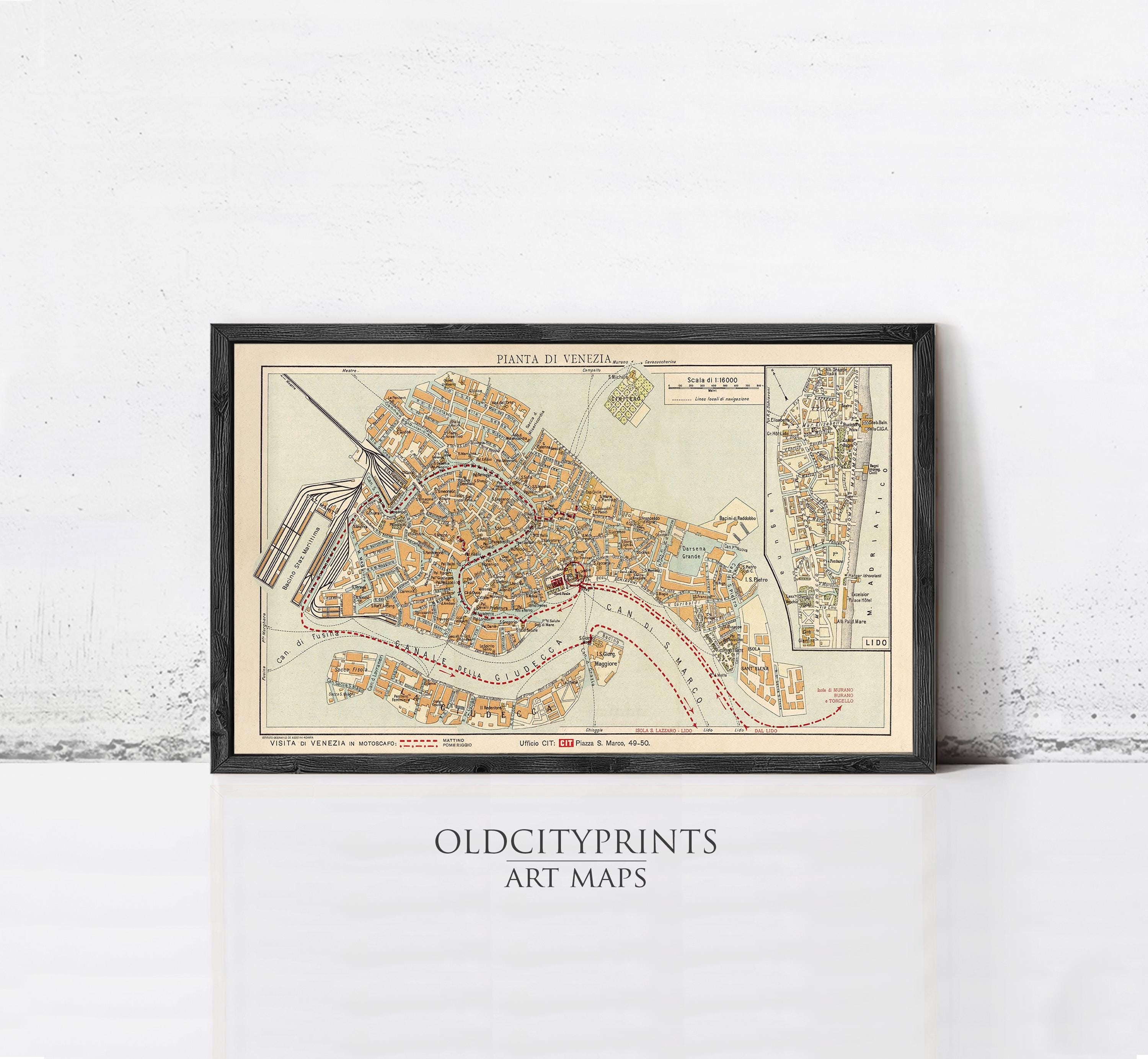The image is a framed vintage map of Venice, Italy, depicting the city's streets and canals.