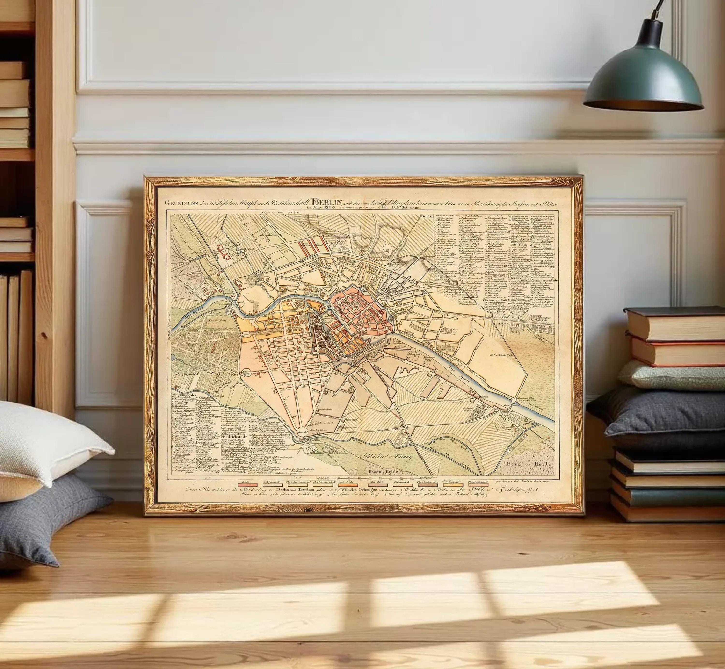 The image is a framed map of a city, likely Berlin, with various streets and landmarks depicted.