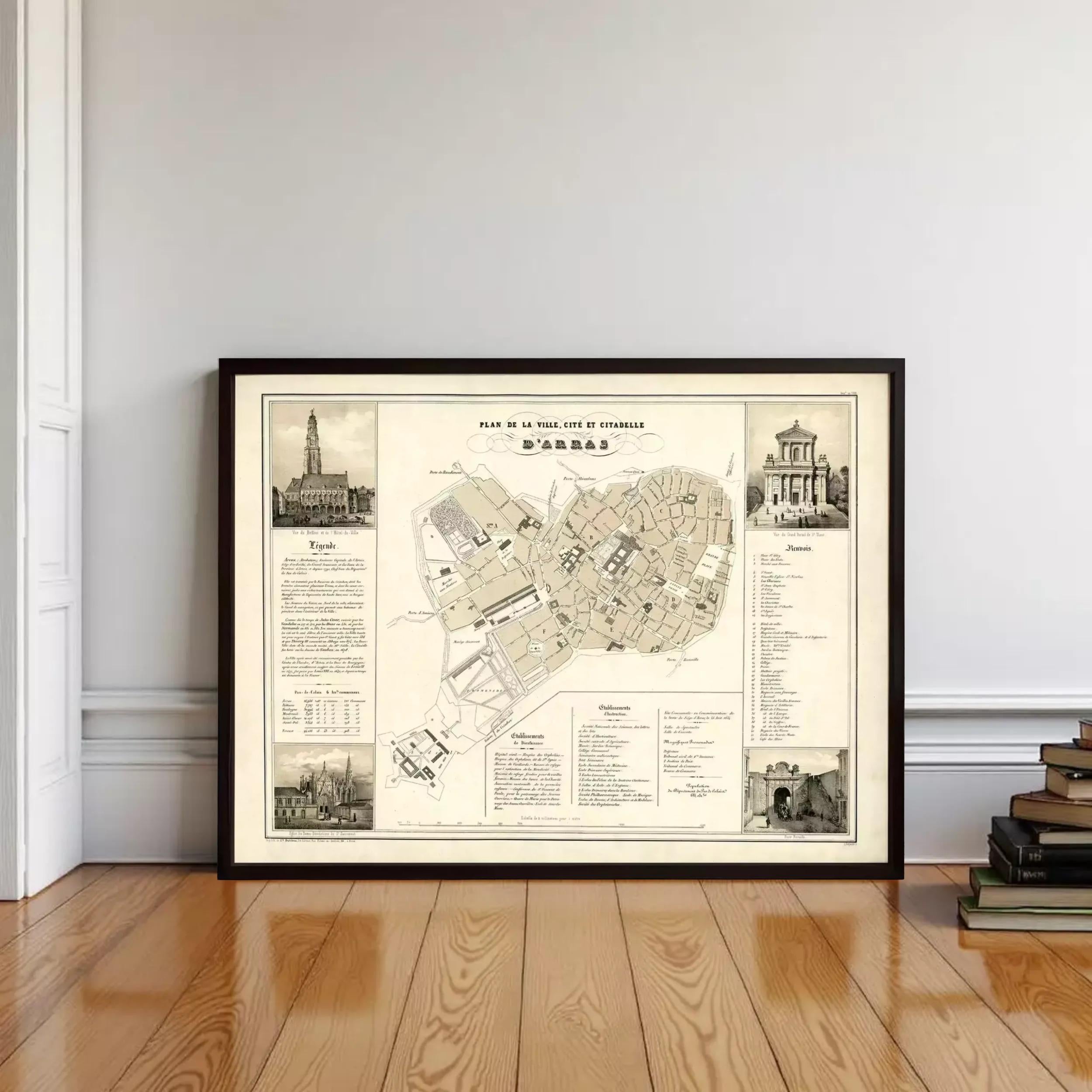 The image is a framed map of a city, with various buildings and landmarks depicted.