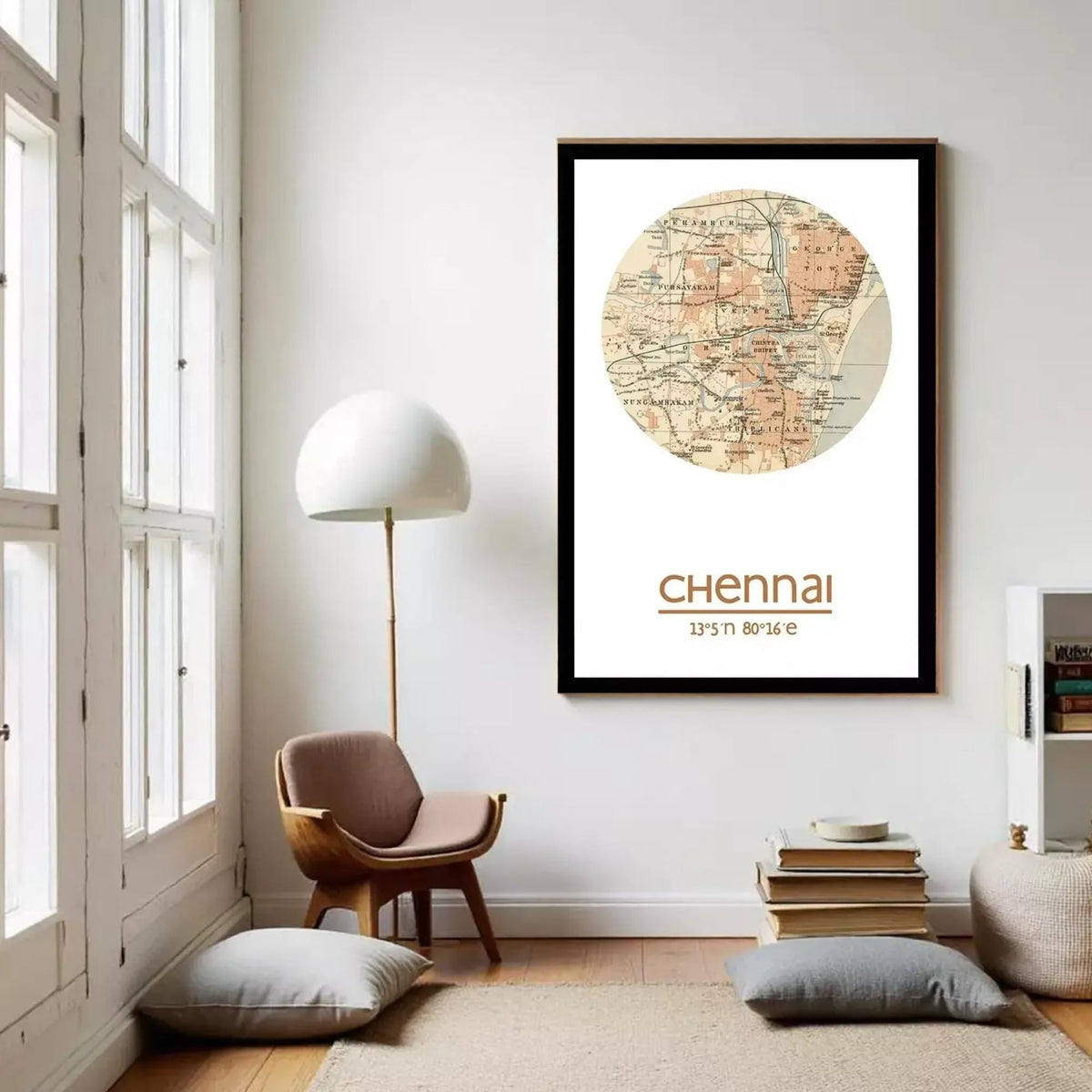 A framed map of the city of Chennai, India, with the text "CHENNAI" and "13°N 80°E" printed on it.