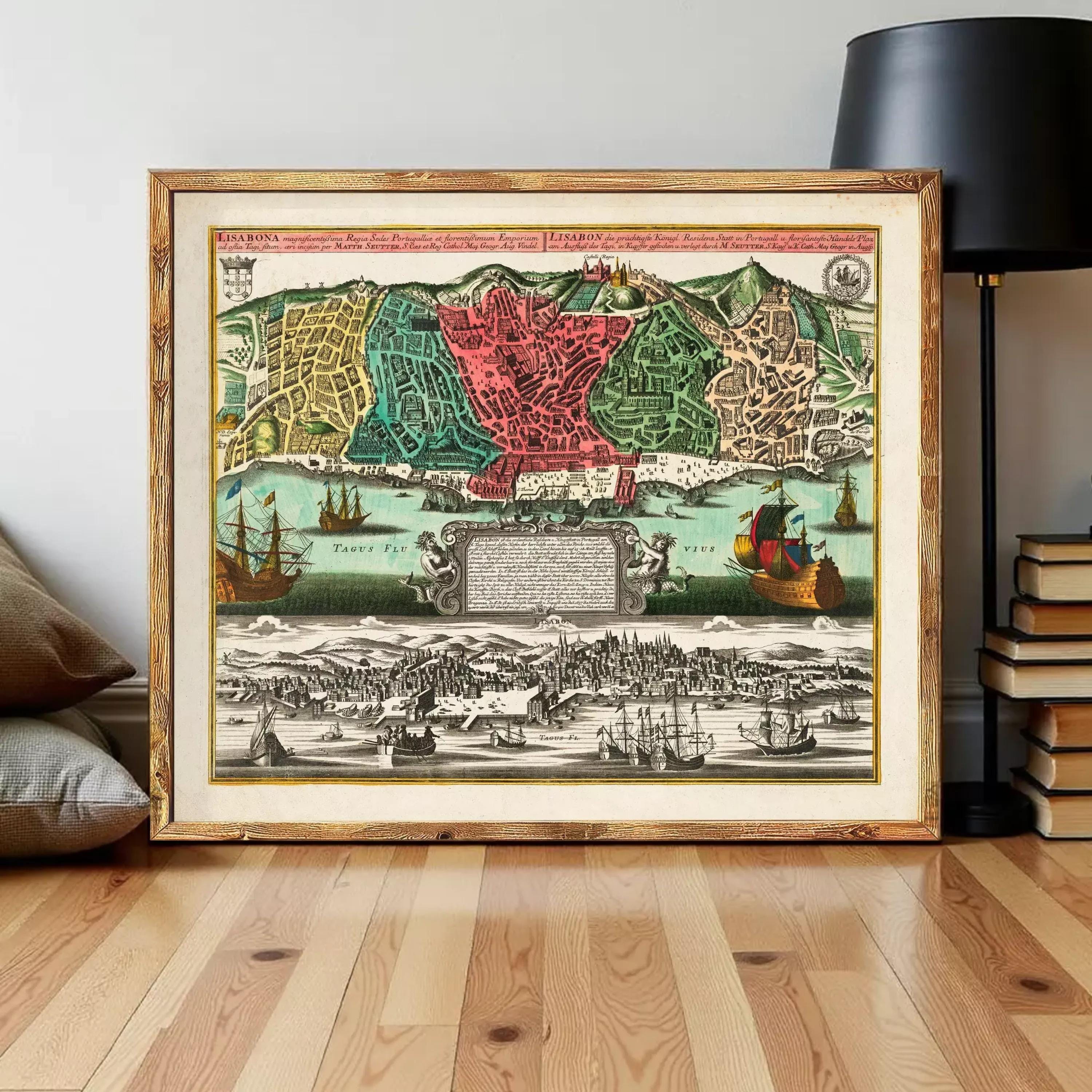The image is a framed vintage map of a city, depicting various landmarks and ships in the surrounding waters.