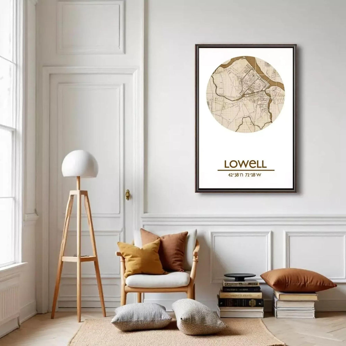 a living room with a large map of Lowell, Massachusetts, hanging on the wall. The room has a white color scheme, with a wooden chair, a lamp, and a stack of books.