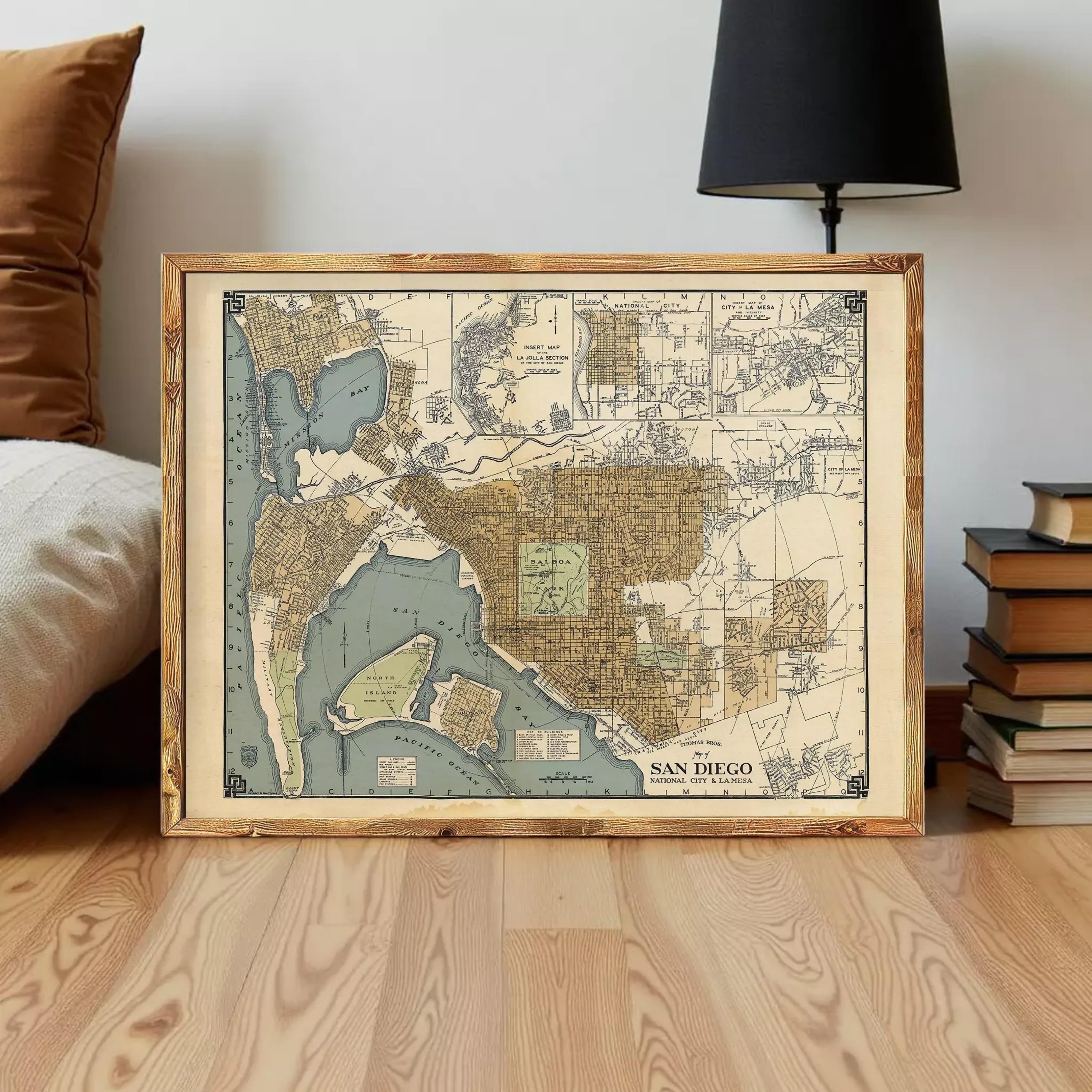 The image is a framed vintage map of San Diego, California, depicting the city's layout and surrounding areas.
