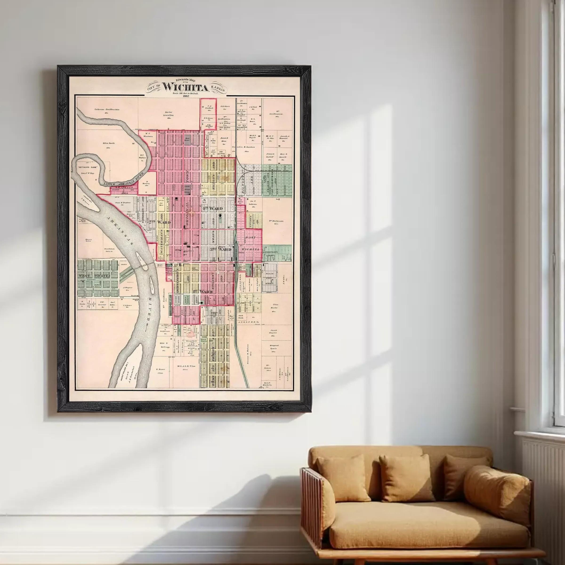 The image is a framed map of the city of Wichita, Kansas, depicting the layout of the city with streets, buildings, and other landmarks.