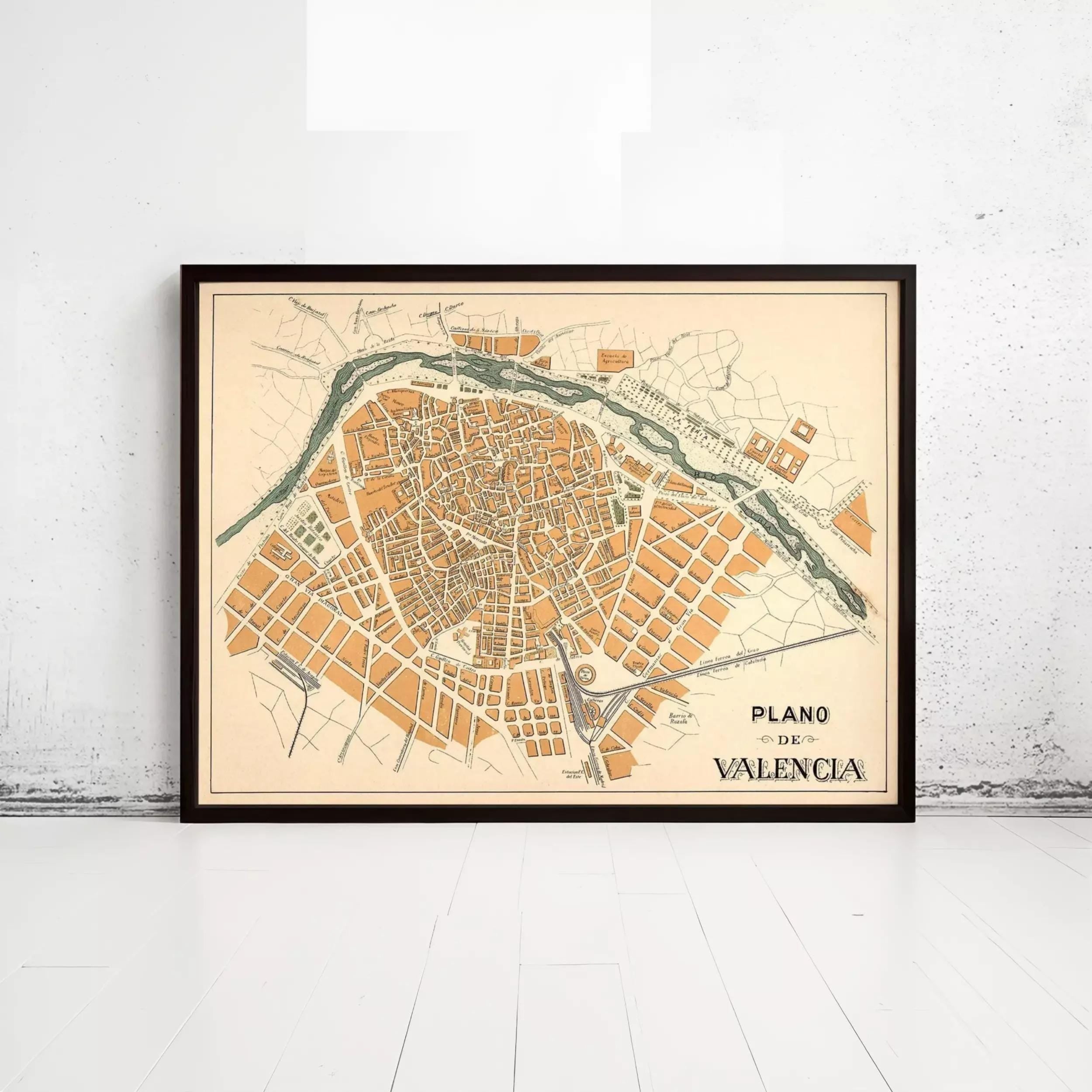 The image is a framed map of the city of Valencia, Spain.