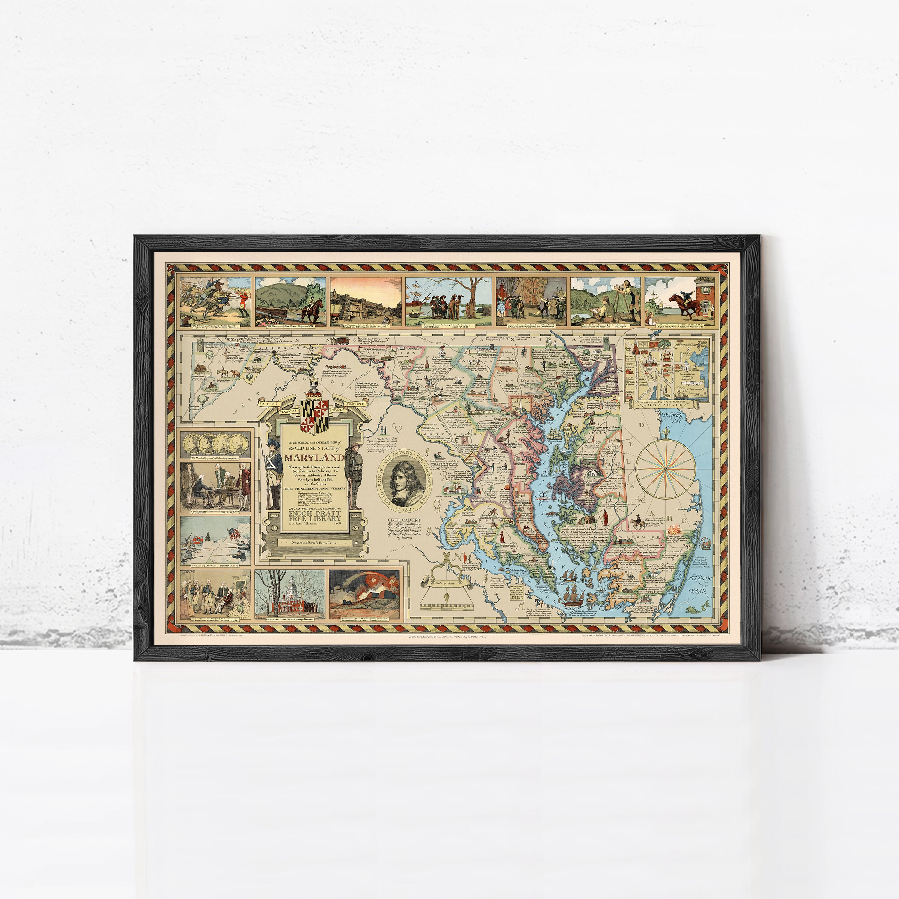 The image is a framed vintage map of Maryland, featuring various illustrations and labels that provide geographical information about the state.
