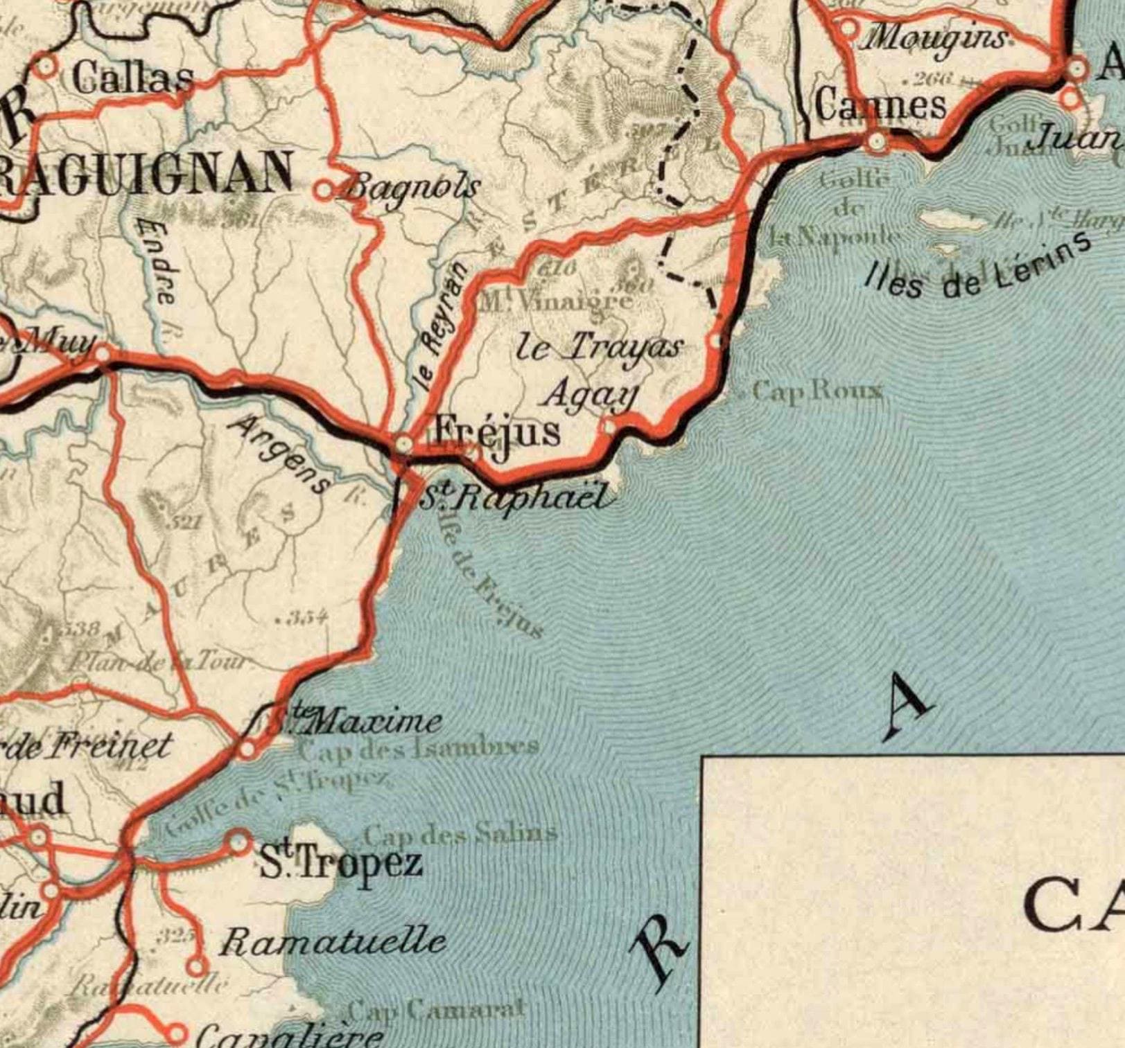 The image is a map of France, showing the coastal regions and their connections. It includes the coastal cities of St. Tropez, Cap de Salines, and St. Raphael, as well as the coastal cities of Ragnighan, Aix-en-Provence, and Aix-en-Provence. The map also includes the coastal cities of Callas, Aix-en-Provence, and Aix-en-Provence. The map is oriented with north at the top, and the coastline is depicted in red. The map includes various labels and names for the coastal cities and regions.