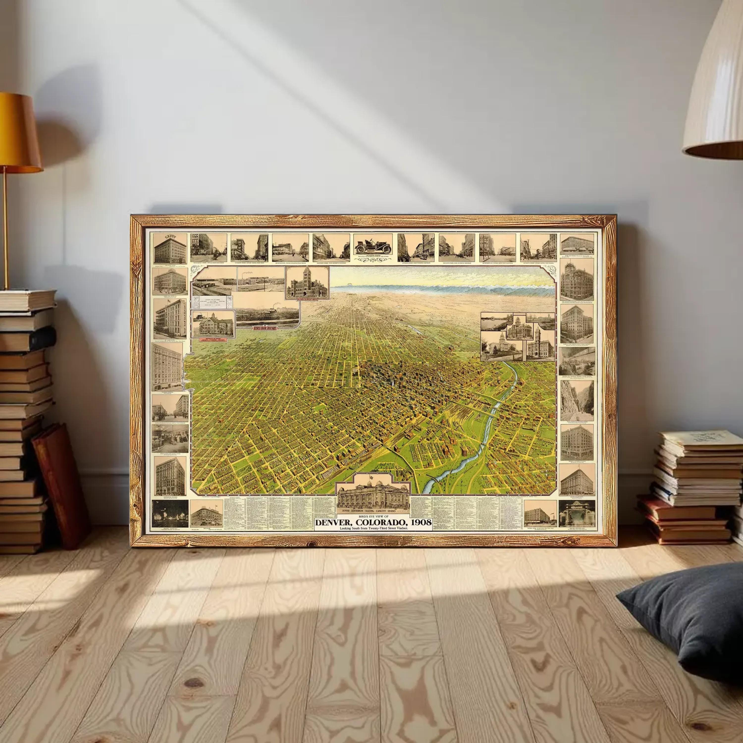 The image is a framed vintage map of Denver, Colorado, from 1958.
